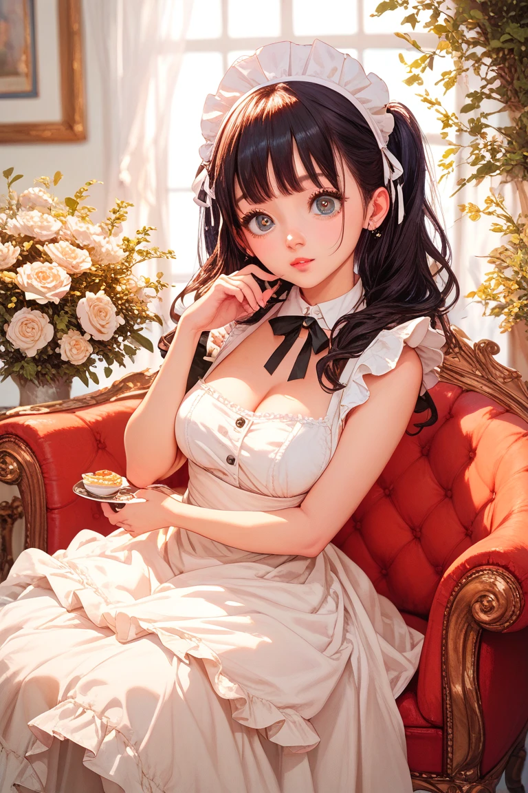 ((Biologically correct limb count))、(( From head to toe、Full-body photo including face))、4K、((Standing position))、masterpiece、((Focus on the face))、((Symmetrical facial features))、Eyes with detailed description、Beautiful woman、Great style、Beautiful arms、Beautiful legs、Beautiful Hands、(Small Ass、Thin thighs)、Facial detailing、Small earrings、necklace、(See-through gothic dresses、((High heels、Black Stockings)))、Black Hair、((She is sitting on a chair, holding a fruit parfait and looking up.))、Close-up photo of the upper body