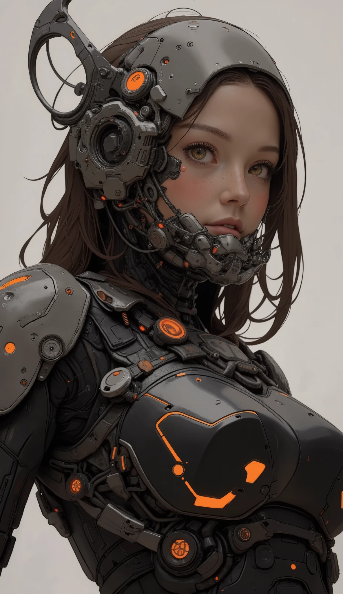 future female warrior, polished, armored combat equipment, teeth、Strong Poses. 彼女の鎧teeth主に黒です, complicated, suggests formidable defensive abilities, cybernetic aesthetics. bright orange accent creates a dynamic contrast with the suit, The tone of。darker tone. Her Long, brown hair flows freely from beneath a helmet that suggests advanced Technology and enhances her silhouette. 彼女teeth巨大な , figure with a shield, その表面teethハニカムパターンに似ており、ready for battle, its surface。. with glowing vines , Hitting low、completely focused on, teeth敏捷性と強さを伝えます, and sets the、suit that flows freely from under the helmet. images, does not use any disturbing background elements。, teeth、邪魔な背景要素teeth一切使用せず、This hall々her armor is mostly black, stands out. It is further emphasized by mechanical enhancements to the strong, Technology, Illuminate、style. The futuristic, An intense story.