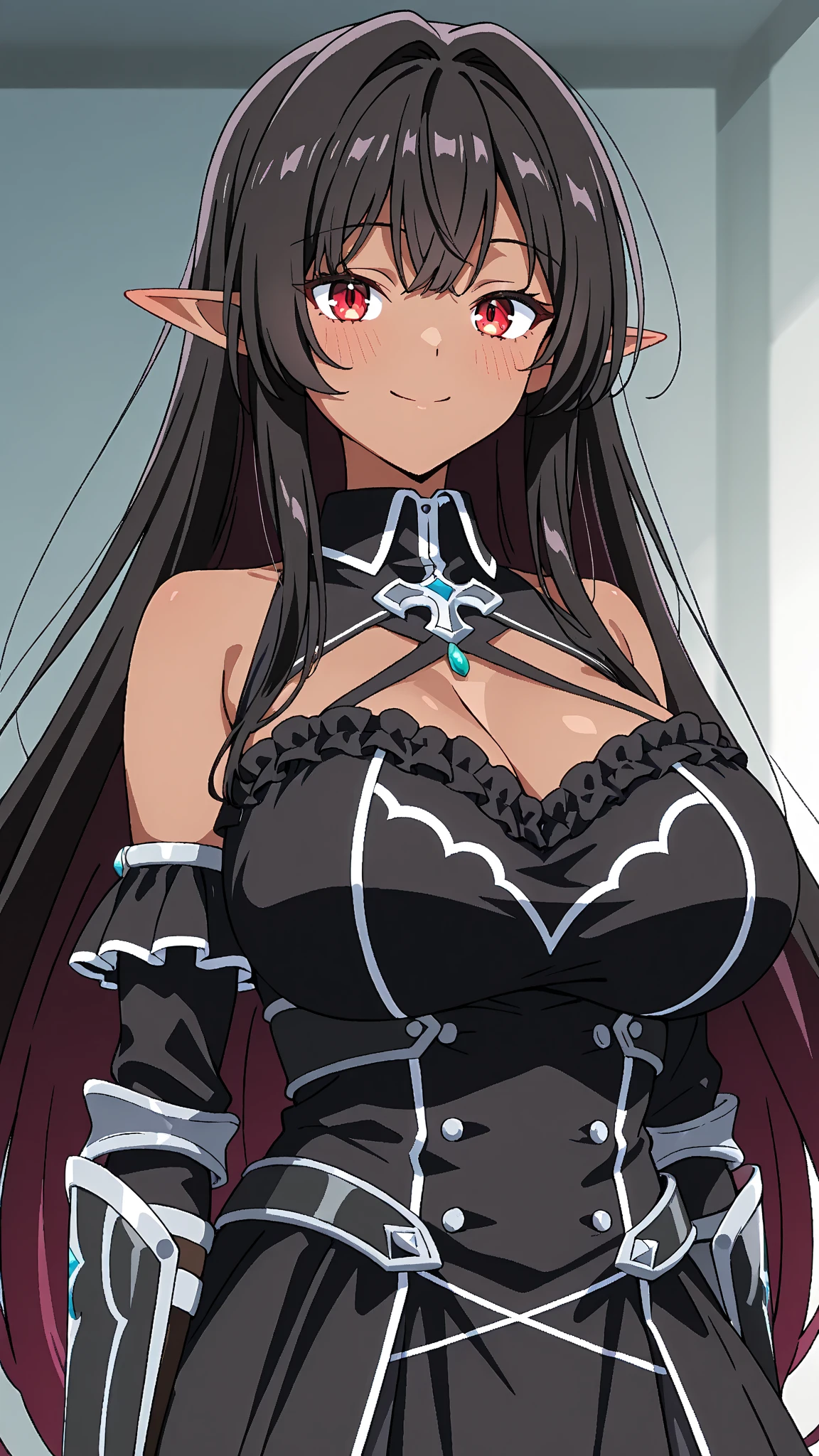 Annerose, 1girl, female mature, sitting on table, spread legs, long hair, black hair, pointy ears, yellow eyes, large breastodysuit:1.05), higheels, shiny clothes, (skin tight:1.05), hair intakes, (covered :1.1), (covered breasts:1.1), (sideboob:1.05), impossible clothes, cowboy shot, cleavage, perfect body, (athletic body:1.1), anime face, perfect face, perfect eyes, anime eyes, smoky eyeliner, eyeshadow, looking at viewer, sharp focus, intricate details, masterpiece painting, professional artwork, (vibrant colors:1.1), vivid colors, Diffused lighting, digital blending, ultra detailed body, ultra detail hair, ultra detail face, trending on pixiv, by Kagami Hirotaka, (((mature woman, mature female, 35yo, seductive glance, smirk))), exquisite details