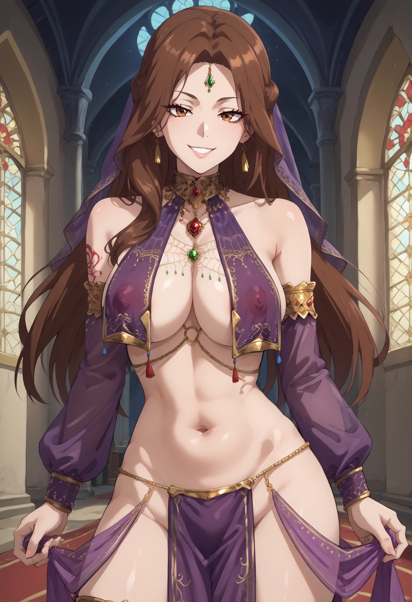 young girl, Long brown hair, Heterochromia, golden and purple eyes, Purple robe, Sleeveless, Deep neckline on the chest, open breasts, open belly, ssmile, Masterpiece, hiquality, high detail, HD, 4k