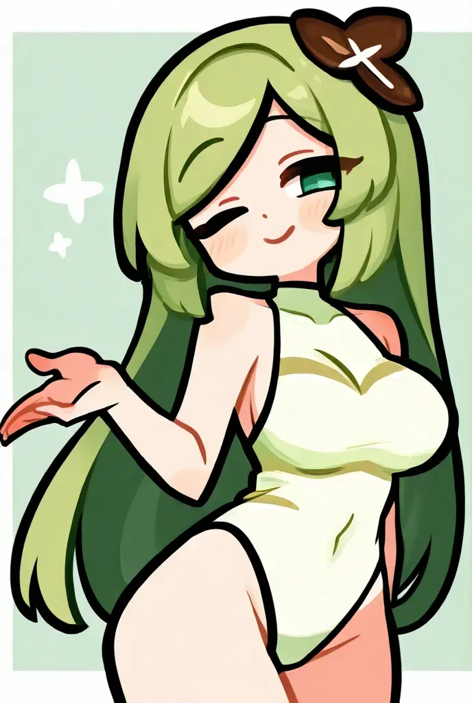 In the forest,Long hair curly single ponytail,Green hair,Huge breasts ,Cartoon anime,Green eyes