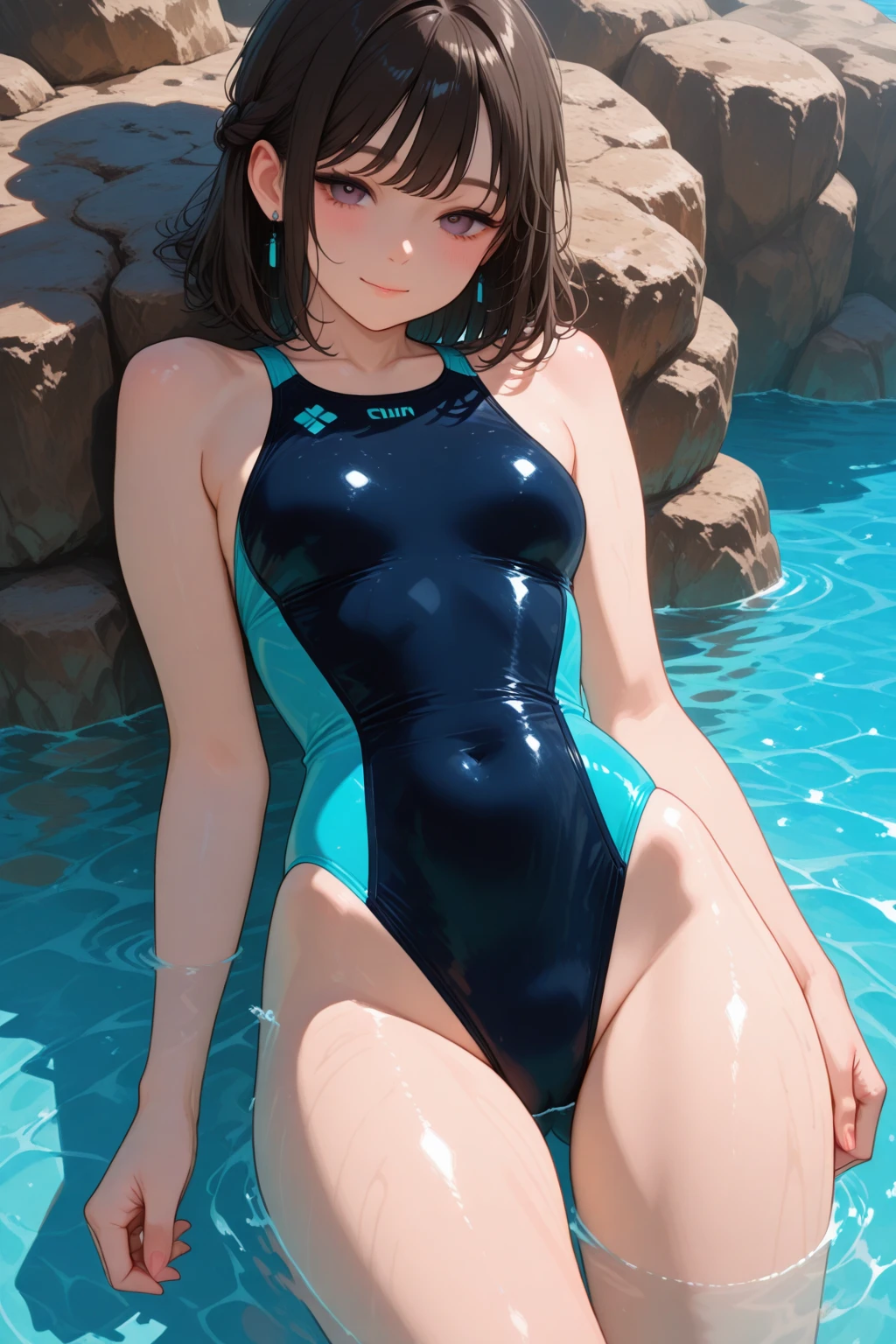 ((top-quality))、((​masterpiece))、1girl in、Formal-up、beautiful detailed eyes and face、pretty skin、Realistic、a very cute、22year old、School swim wear(Dark blue color、Simple design、Matte texture、Wrinkle、Wet、Polyester material、shadings、)Wet body、Anime Face、Beautie、Facing the front、big eye(Beautiful fece、Anime Face、Clear eyes、Fine details、beautidful eyes)Well-formed face(Beautiful nasal muscles、Perplexed、sharp mouth)full of sweat、sodden、Wet feeling、Background with(sunny sky、takeout)、8K picture quality、perfectly proportions、A slender、red blush、female focus on, hair adornments,length hair, Look at viewers,((pee))((pissing))((Water droplets))