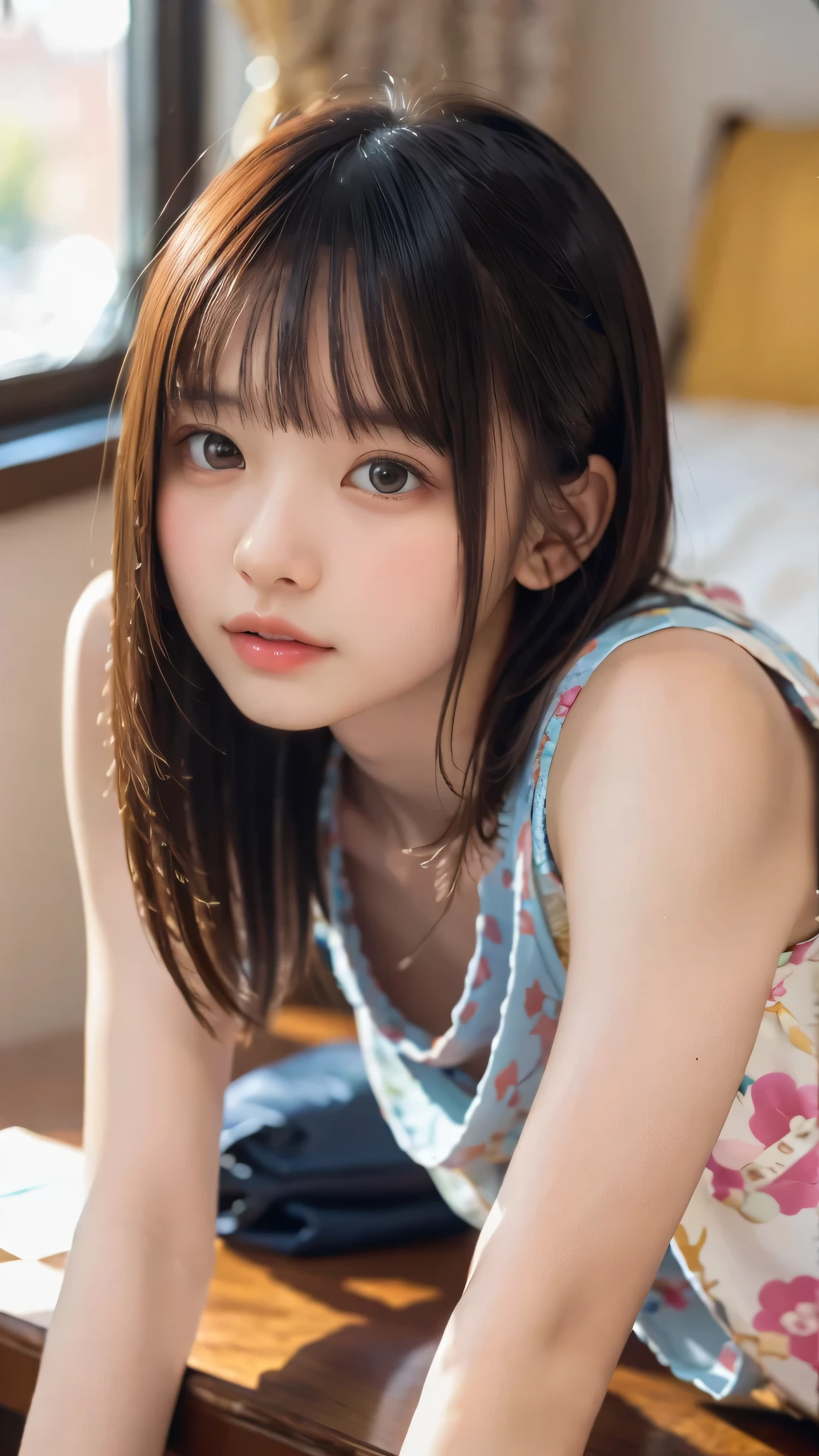 Ultra High Resolution, (Realistic: 1.4), RAW Photo, Best Quality, (Photorealistic), Focus, Soft Light, ((15 years old)), ((Japanese)), (Front, Young Face))), (Depth of Field), (One Piece), Masterpiece, (Photoreal), Woman, Bangs