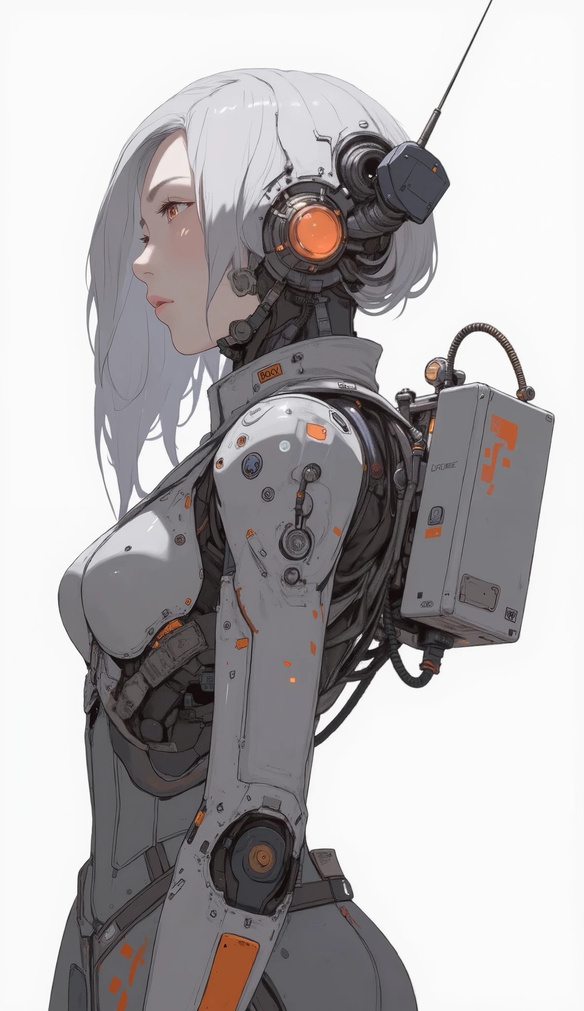 Futuristic, 複雑なアーマーSuitを身にまとったアニメ風のキャラクターが自信に満ちた姿勢で立っている. Suit, mostly gray and orange accents, has a box-shaped jet pack attached to the shoulder and large mechanical attachments similar to weapons, add a fearsome atmosphere of power to the figure. The character's silver hair flows down in soft waves, that contrasts with the advanced technology that surrounds her. Her Eyes, Broad, amber, with determination and calm. Suit itself appears highly detailed, On、visible bolts , panel, and connectors emphasize combat readiness. The character's overall appearance combines elements of machine and human anatomy, that combines human dexterity with robot strength. The lighting is mostly from the front The, Subtle shadows accentuate the outline of her armor. 画像は力強さとFuturistic優雅さの雰囲気を喚起する, Minimalist , plain background.