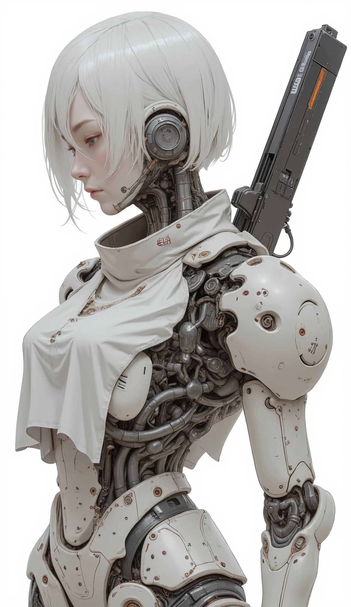 Enlarged view of a robot with a gun on its back, mixed with organic matter, White Mecha, Female Mecha, Cool Mecha Style, Krenz Kuschardt, inspired Krenz Kuschardt, alexandre ferra White Mecha, Krenz Coushart and Wenjun Lin, Krenz Kshart 、Asher Duran