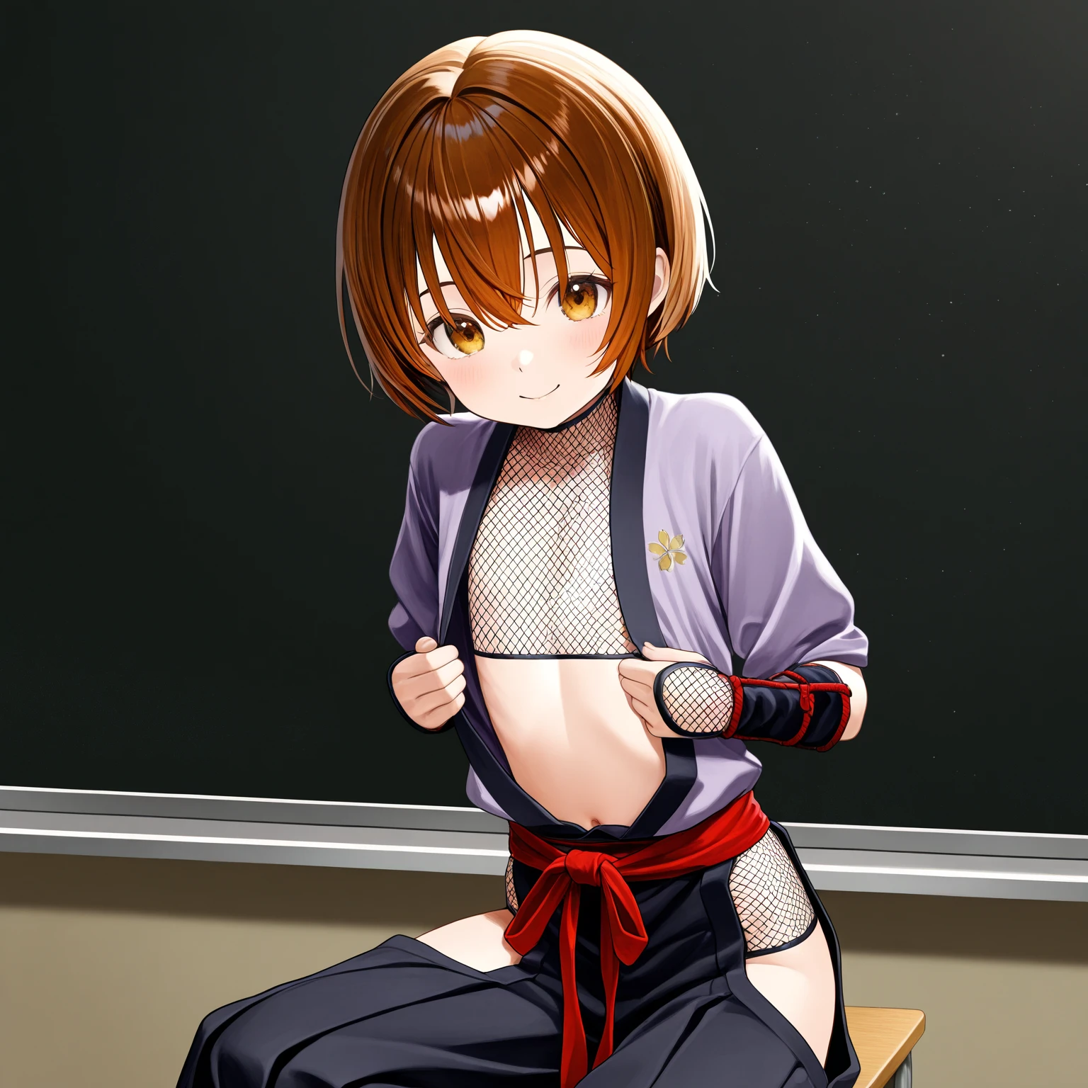 (masterpiece), (best quality), (ultra-detailed), (best illustration), (best shadow), (absurdres), nobarakugisakinova, 18yo,short hair, orange hair, ((brown eyes)), kugisaki nobara, Mole under the outer edge of the eye, medium breasts, (Open white shirt buttons ,no bra:1.2), navel,ultra mini skirt, (fighting stance, kung hu pose),from below,angry,shrine background,