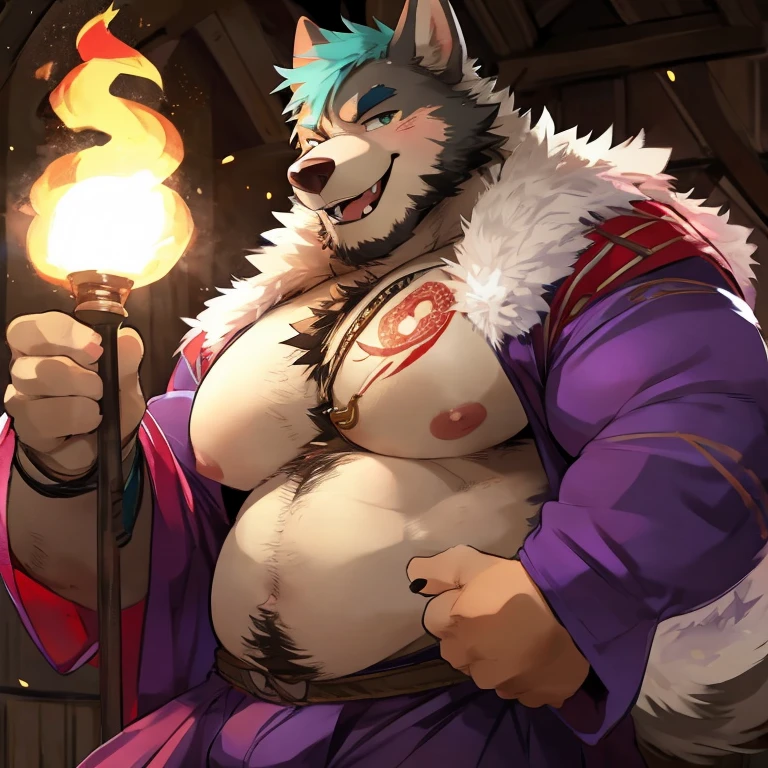 score_9, score_8_up, score_7_up, Expressiveh, masterpiece, best quality, highly detailed, realistic, (zPDXL3), 1girl, solo, (AmaterasuDWD, furry, anthro, female wolf, white body, white fur, red markings, black nose, big breasts, black nipples, black lipstick, black sclera, yellow eyes, bedroom eyes, east asian clothing, red robe, cleavage overflow), smile, open mouth, tongue out, looking at viewer, simple background, ((hands behind head, low-angle view, standing)). uncensored, one eye closed, ((purple robe belt))