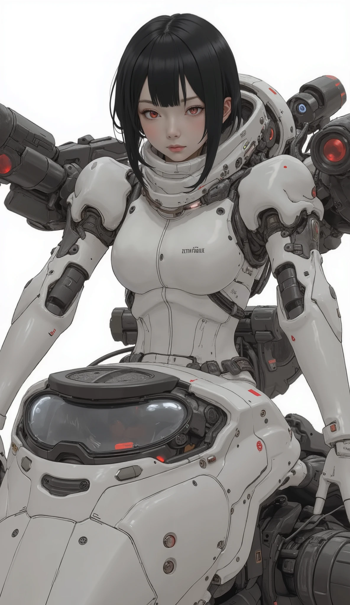 Young woman in the center cockpit of a futuristic mecha Sitting, is a spider-like mecha suit, gives off an aura of confidence and control. Her Outfit, highlight the contours and components of the, Seamlessly blends with the robotic aesthetics surrounding her. her striking red eyes and dark hair, Her Outfitとのコントラスト, suggests a bold personality. The mecha design、has large turrets that stand out on the back, alluding to advanced weapons Red accents. Mechanical legs, is reminiscent of a spider's web, is ready to move, show off intricate details and robust construction. white and black color scheme , shines with red highlights, give the image a clean yet regal look. The lighting is neutral, mecha made up of a sleek white bodysuit, has a large turret that stands out on the back. whole, An image that creates a futuristic war atmosphere with a woman at command, ready for battle.