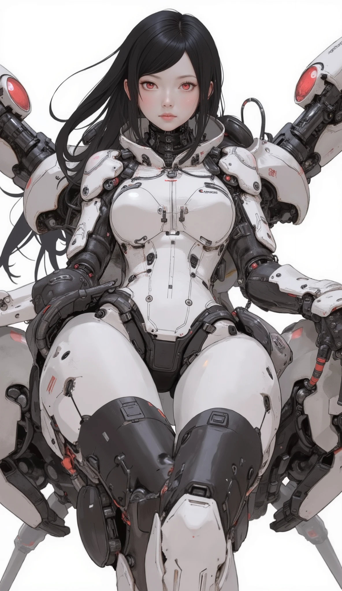 Young woman in the center cockpit of a futuristic mecha Sitting, is a spider-like mecha suit, gives off an aura of confidence and control. Her Outfit, highlight the contours and components of the, Seamlessly blends with the robotic aesthetics surrounding her. her striking red eyes and dark hair, Her Outfitとのコントラスト, suggests a bold personality. The mecha design、has large turrets that stand out on the back, alluding to advanced weapons Red accents. Mechanical legs, is reminiscent of a spider's web, is ready to move, show off intricate details and robust construction. white and black color scheme , shines with red highlights, give the image a clean yet regal look. The lighting is neutral, mecha made up of a sleek white bodysuit, has a large turret that stands out on the back. whole, An image that creates a futuristic war atmosphere with a woman at command, ready for battle.