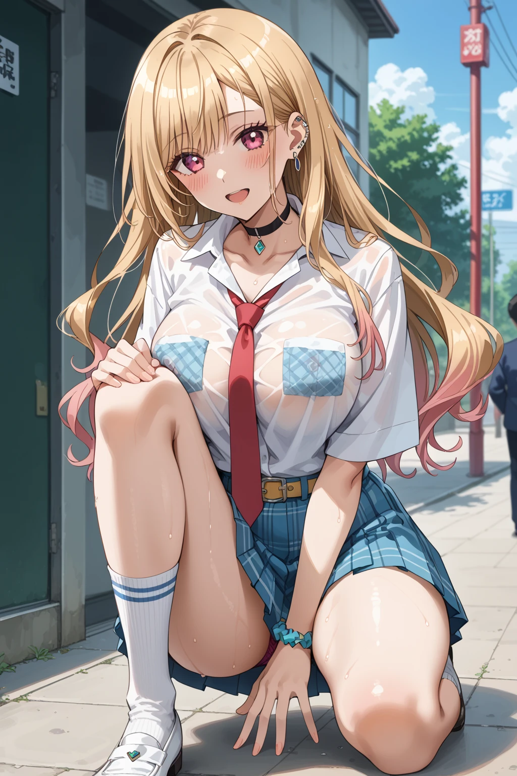 masterpiece, highest quality, High resolution, kitagawa marin sb, The centre of gravity is at the rear, 1 girl, blonde hair, long hair, colorful hair, red eyes, jewelry, earrings, earrings, , white shirt, tide shirt, black choker, blue tie, plaid skirt, spread your legs, Lace black panties,(showing panties:1.3),  (panty shot:1.3), ((the chest of the shirt is open)), ((I can see your bra)),  ((spread legs)), outdoor