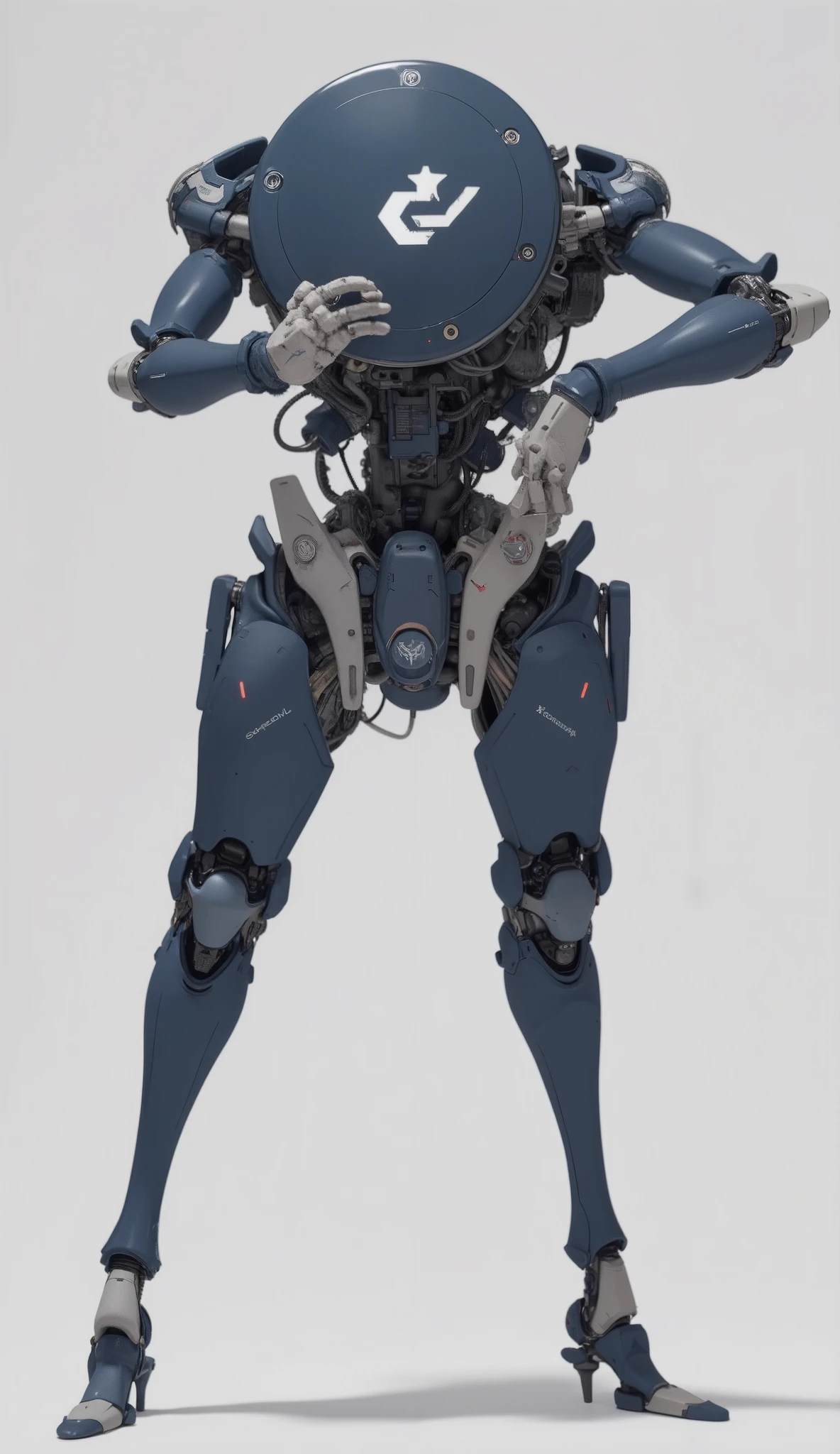 The image features a futuristic robot characterized by a sleek, angular design and a predominantly dark blue color scheme with lighter accents. The robot stands upright on two long, slender legs, which appear articulated and capable of dynamic movement. Its arms are similarly constructed, with jointed sections allowing for a wide range of motion, ending in mechanical hands that suggest dexterity. The robot's head or central unit is wide and flat, resembling a disc, with an emblem resembling an abstract arrow in white prominently displayed on its surface. Various geometric shapes and mechanical components accentuate its structure, hinting at advanced technological capabilities. The lighting is soft, casting minimal shadows, and the background is a neutral pale gray, further emphasizing the machine's intricate details. Overall, the image conveys a sense of innovation and mechanical sophistication.