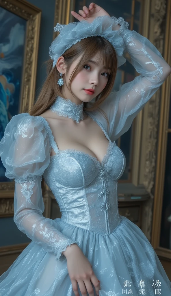 A cute girl with pale white skin and blue eyes in a pretty blue dress lying on the bad, huge breast, big boobs, long hair, very large breasts,((very huge breast, very huge chest, very huge boobs)),large buttocks, small waist. Lying in front of camera, Full body , badroom