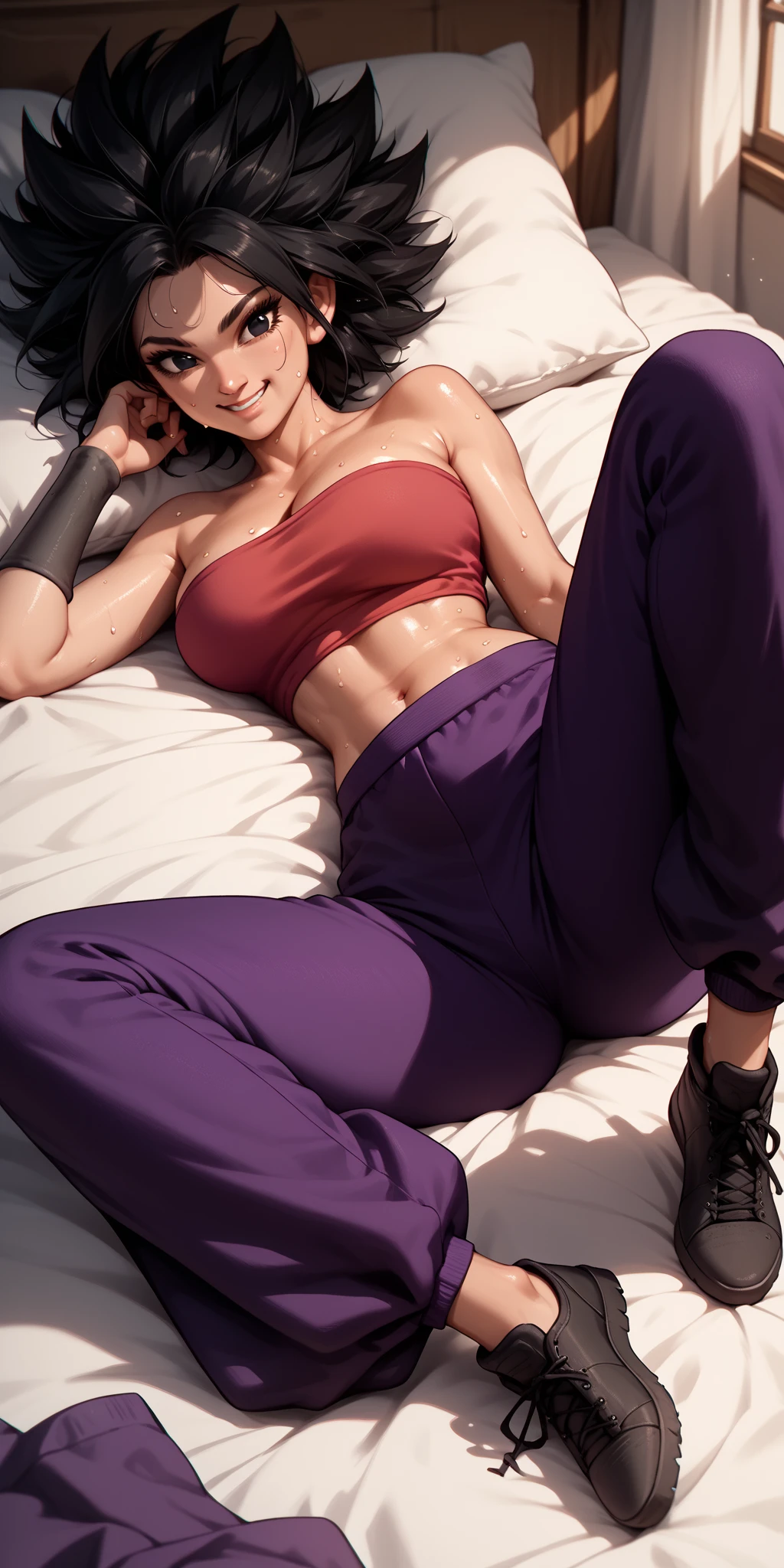 ((1girl, solo ,alone)), ((solo, 1woman, (tifa lockhart, final fantasy vii remake, *see description and examples*,black hair, long hair, red eyes, pink lipstick, woman, lipstick), Extremely detailed, ambient soft lighting, 4k, perfect eyes, a perfect face, perfect lighting, a 1girl)), ((solo, (1woman, lipstick), Extremely detailed, ambient soft lighting, 4k, perfect eyes, a perfect face, perfect lighting, a 1girl)), , ((fitness,, shapely body, athletic body, toned body)), ((gym clothes, pink tank top, printed tank top, leggings, white lycra pants, tribal print, red sneakers, lying back, relaxing, terrace, city in the background, metropolis, twilight, potted plants))