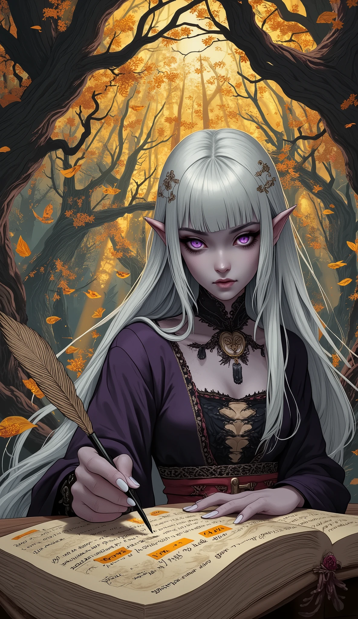 (A fusion of Ukiyo-e and dark fantasy. Aesthetic and gothic digital art. Draw a detailed face. Look away.) BREAK
(White hair. Blunt bangs. White eyebrows. Long white eyelashes. Almond-shaped eyes. Lavender eyes. Dark, thick eyeliner. Small pink lips. Slightly pointy ears. Dark purple skin. Thin limbs. Thin fingers. White fingernails. Very expressive.) BREAK
(The female Dark Elf scribe priestess is in a huge dome-shaped library with a 15th-century Northern European style. The library is filled with trees engraved with beautiful ancient characters, and the large, shining leaves are inscribed with the deeds of the gods in writing and illustrations. The female scribe holds a quill pen made from peacock feathers and writes on the leaves with the pen on a large wooden desk. The woman is wearing a 15th-century French court-style lace-up dress. Golden beams of light stream through the gaps between the ceiling and the leaves of the trees, casting a magical glow throughout the room.)