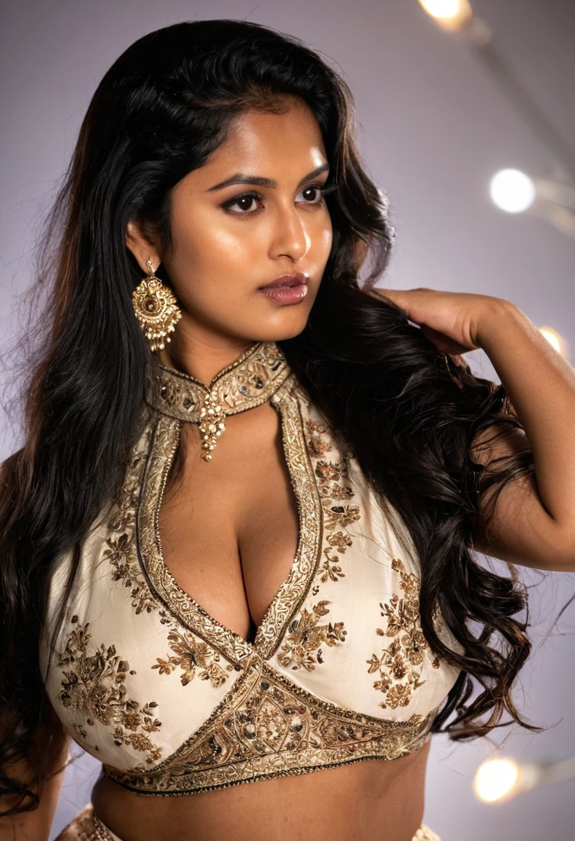 "Create an ultra-realistic image of a modern, attractive female influencer of Indian descent, aged between 27 to 30. She should have a warm and inviting smile, expressive almond-shaped eyes with a slight shimmer, and clear, glowing skin with a medium brown complexion. Her features should be well-defined, with high cheekbones and a sharp jawline. Her hair should be long, thick, and wavy, with a natural shine and bounce, styled in loose waves with a golden headband. Her hair color is a deep, reddish-purple hue that’s bold yet sophisticated. She should have a slender yet athletic build, with an emphasis on her chest, featuring gigantic breasts (plump: 1.3).a gorgeous indian woman with piercing resemble of Ramya Krishnan , hourglass body figure, bbw (black-eyes, She radiates happiness and beauty in her adorable soft midrif,cinematic film still (Raw Photo:1.3) of (Ultrarealistic:1.3) 1girl, office interior_background, hourglass_body, photorealistic, realistic, wearing indian sarees, cleavage cutout , solo, full_body_cloths,Indian girl ,LinkGirl,Masterpiece