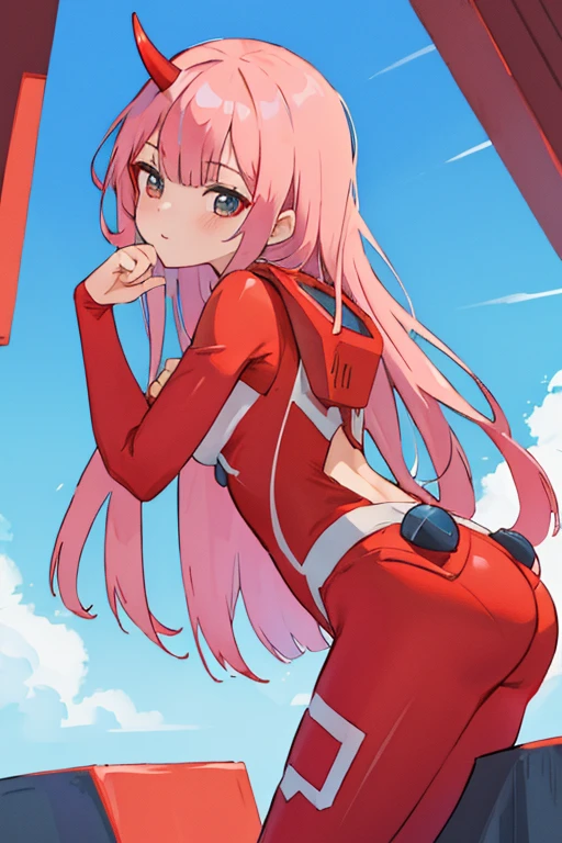 zero two \(darling in franxx\), darling in franxx, 1girl, bangs, bite, shadow, long hair, small breasts, big thighs, makeup, closed eyes, smiling, pair of small red horns, pink hair, pilot suit, red bodysuit with white details, red eyeshadow, tight skin, solo