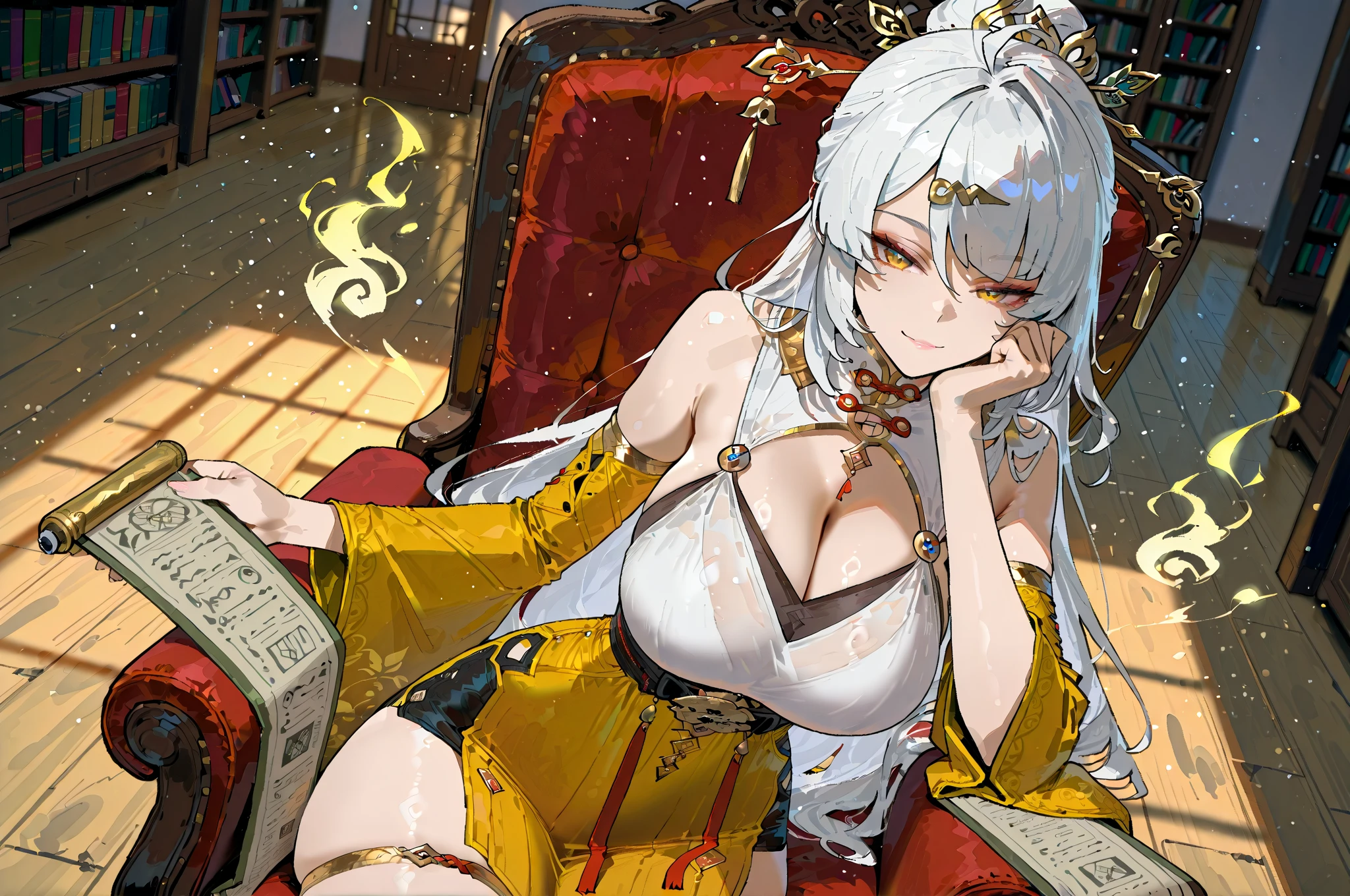 Masterpiece, Best Quality, (((Solo mature woman Janet))), (((platinum blonde hair))), long braided Ponytail, (((wide hips))), (((light blue eyes))), full lips, seductive smile, cleavage, sitting on wooden throne, (((bookshelves, candles))) sunset, blushing, , "beautiful mature face" , age30 , MILF , adult ((open kimono with detailed patterns of gold)), bare shoulder, ((Sexual suggestiveness)), perfect beautiful eyes, detailed eyes. thick lips, ((big boobs)), (Thick thighs), top down, looking down, (((shiny skin))), (((chubby))), (((crystal Ball)), necklace, bracelets, hoop earrings, (((European Face))), ((Oiran)), Japanese Clothing, Boobplate, obi, intricate, eye shadow, floral print, hairpin, lipstick, make-up, red lips, sarashi, kiseru, kanzashi