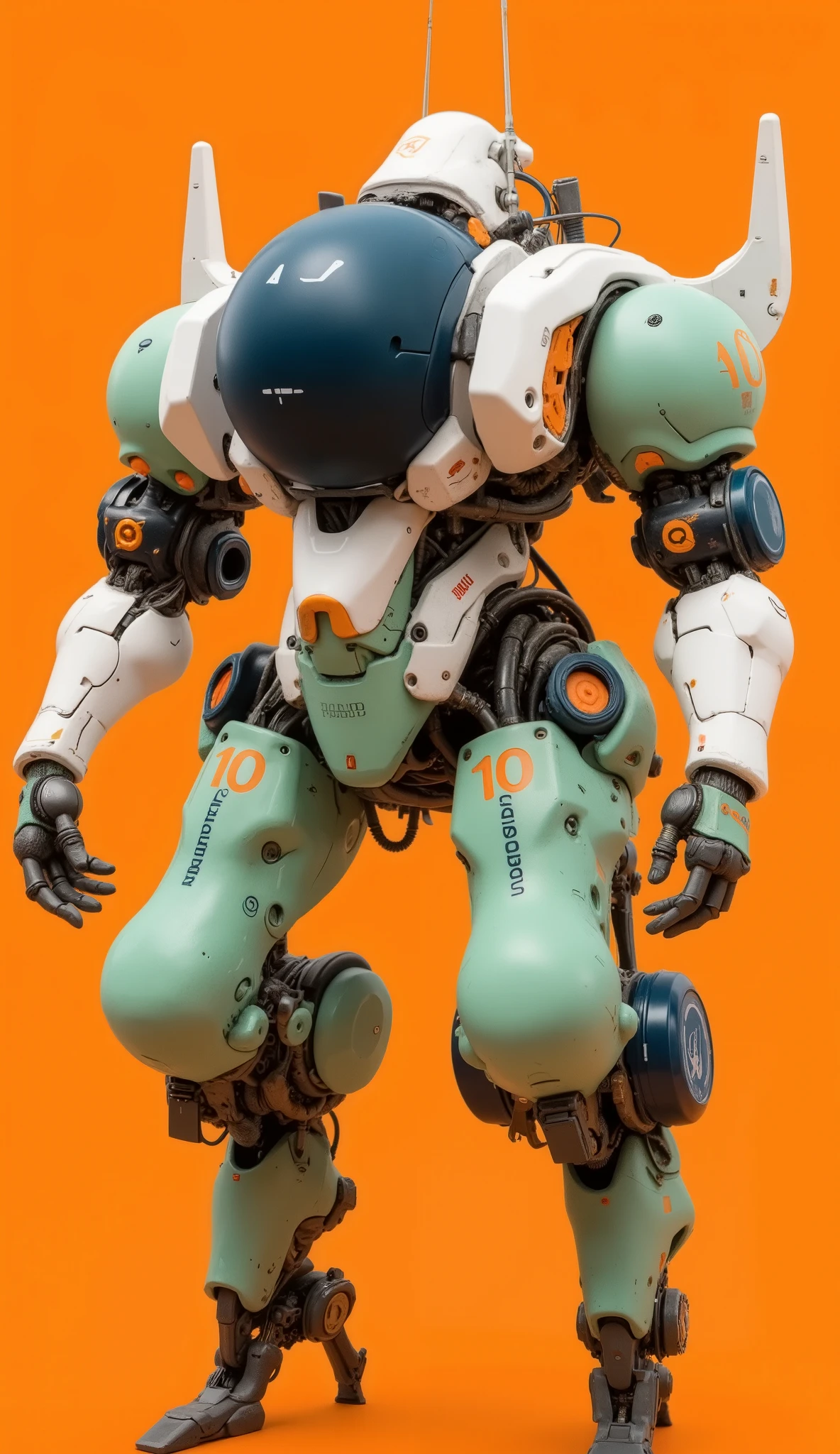 A futuristic, stylized robot stands against a solid orange background, showcasing a complex and dynamic design. The robot features a blend of smooth, rounded and angular components, predominantly in mint green, white, and deep blue tones, accented by vivid orange. Its head resembles an aerodynamic helmet with dark, slender panels at the top, potentially signaling its sensory equipment. Two large, spherical elements flank its upper body, adorned with white and accented by bold numbers painted on the surface. The robot's limbs, including mechanical arms with articulated fingers, exhibit intricate joints and gears visible within their structure. Marked by the number "10" and branded with "DORIBU," the design suggests both utility and flair. The composition, emphasizing fluid lines and bold contrasts, conveys an edgy, modern aesthetic reminiscent of advanced technology and innovation. This mech conveys vibrancy and energy, seemingly poised for action within a futuristic realm.