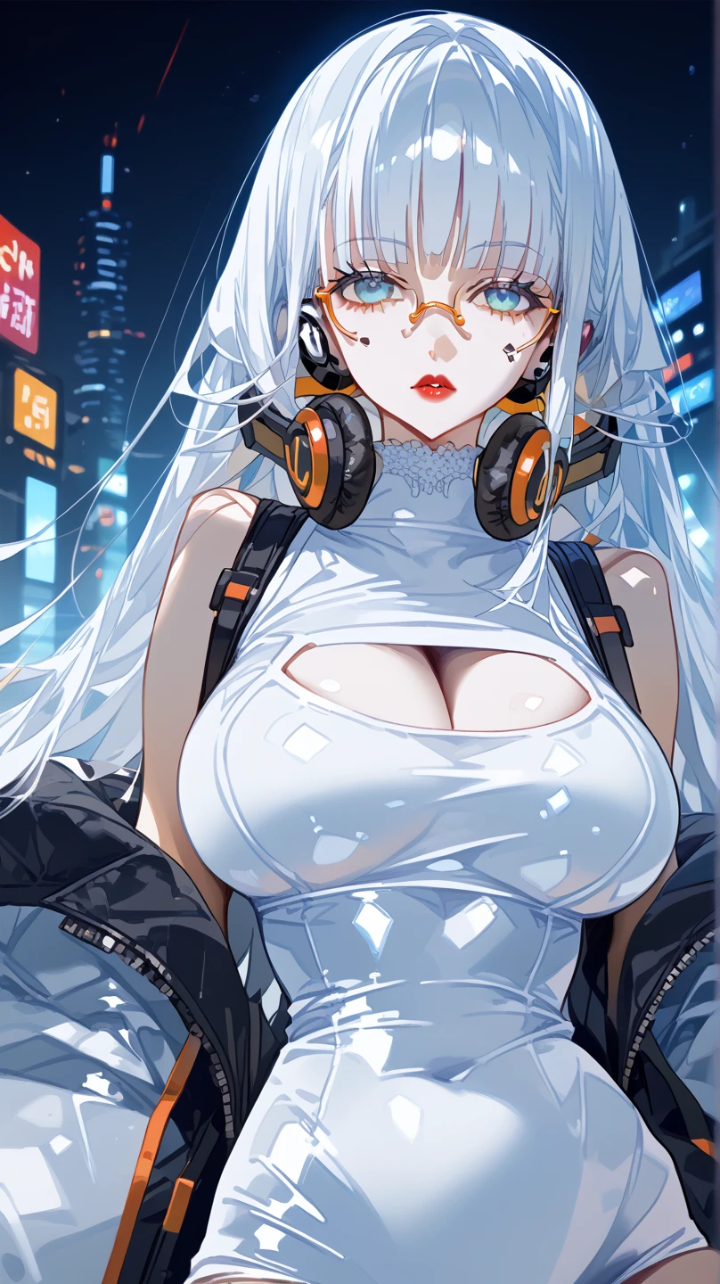 South African woman, Caucasian South African Woman, white skin, cyberpunk, secretary, cyberpunk background, sitting at cyberpunk desk, wearing luxtech, clothing is black and gold, wearing luxury clothing, white skin, large breast, sexy attire, upskirt, flashing panties, wearing thong, wearing glasses