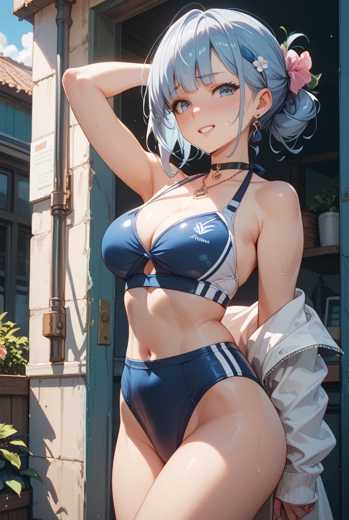 (photorealistic:1.3, highest quality:1.3,8Kmasterpiece:1.4, masterpiece:1.3,High resolution:1.3,muste piece:1.4),snow mountainに立つ1人の23歳の女性,(Half Court,Red Bikini Swimsuit:1.5,choker,boots), beautiful skin, (looking at the camera:1.2),(Photo seen from the front bottom:1.3),(Short Hair:1.2,bright blue hair:1.5), expression( Cheerful:1.3,blushing:1.3),(Moderate chest:1.3),Pause( Seductive pose:1.5),background(snow mountain:1.3,Ski resort),(slender, abs:1.2),(Underwear visible through clothing),(Butt visible through clothes),(detailed perfect face),normal hands:1.5,normal finger:1:5,normal feet:1.5,(cameltoe)