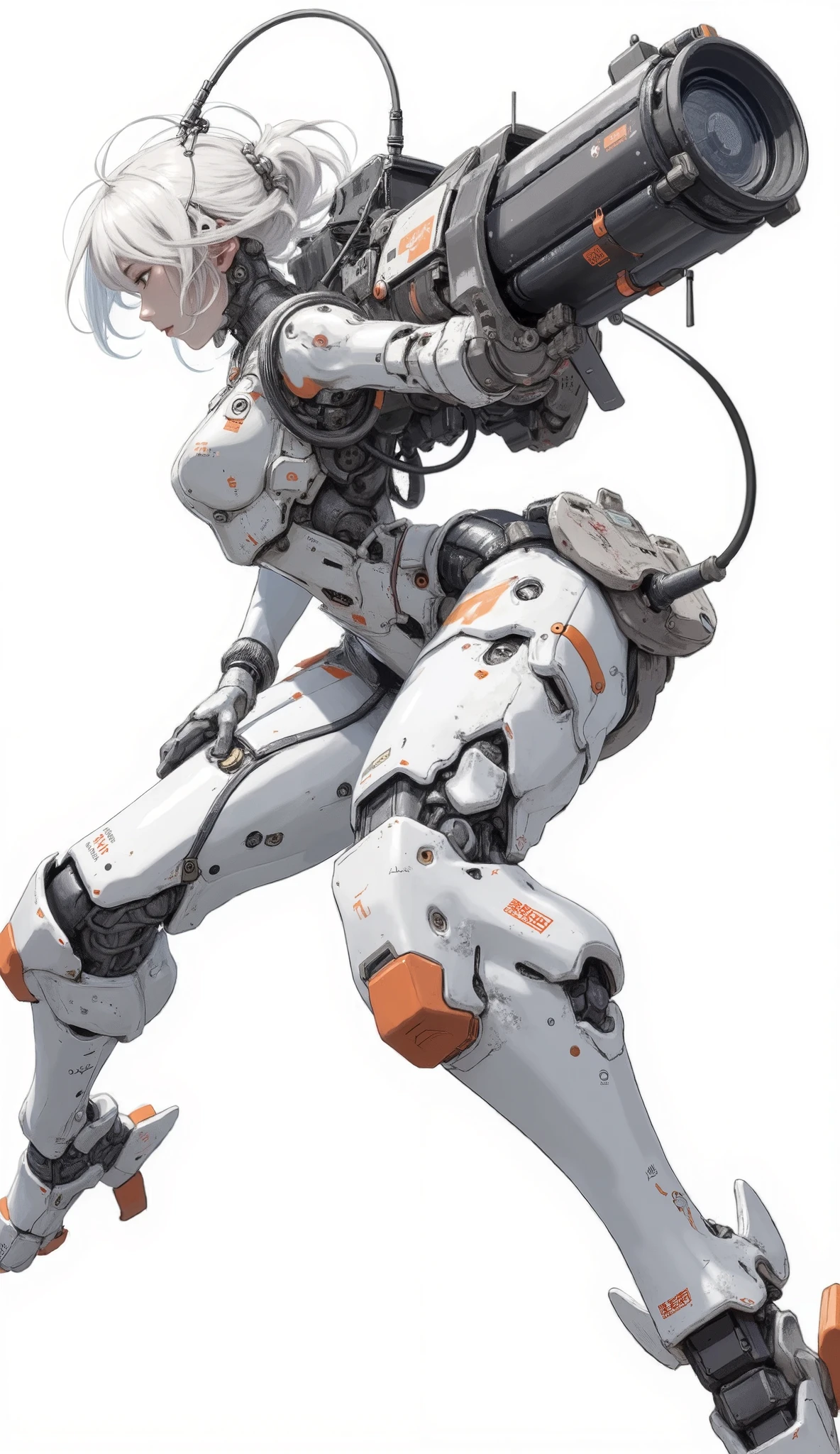 Enlarged view of a robot with a gun on its back, Female Mecha, The aesthetic of anime mecha, mechanized valkyrie girls, ferra White Mecha, Cool Mecha Style, White Mecha, fully automated!! girls, mechanized soldier girls, girls in mecha cyber armor, Mechanical Aesthetics, Modern mecha anime, cyberpunk anime girls mech