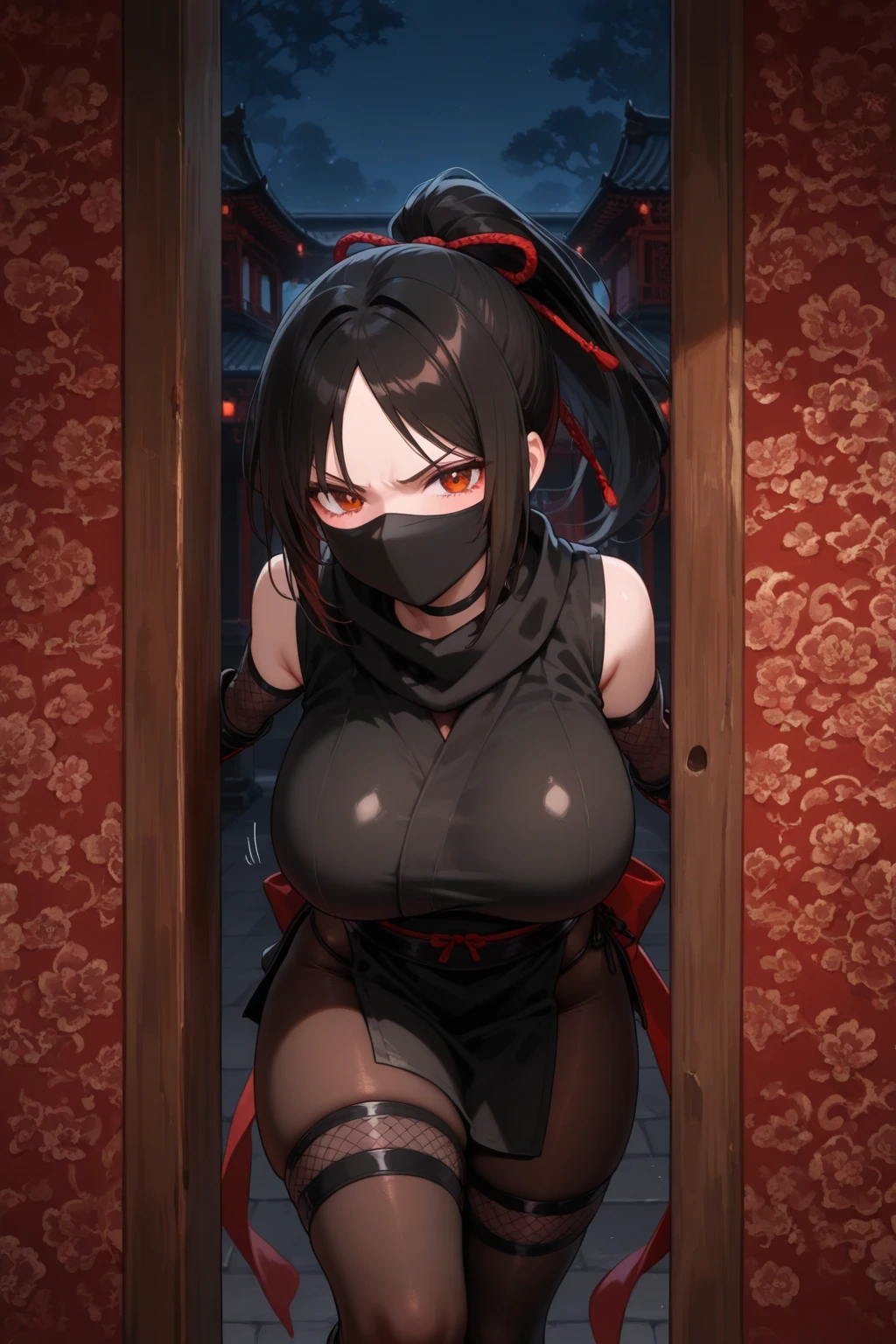 Masterpiece, dynamic, detailed diced skin, impressive lighting, captives, ninjas, ponytails, black masks, big, torn clothing, no panty, no bra, restrained, angry, noose, holding wet sticks