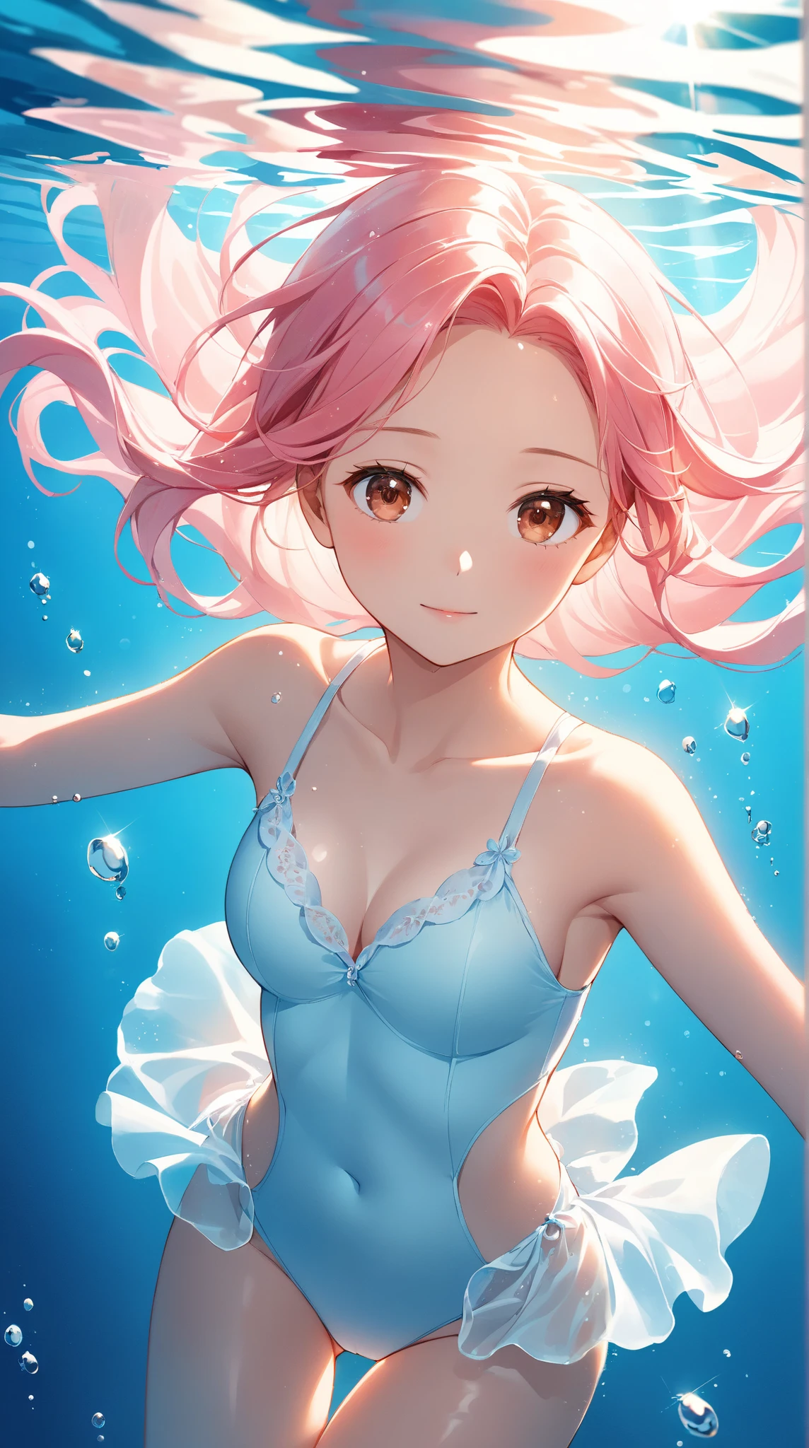 girl swims underwater, in the style of otomo katsuhiro, in a realistic super detailed render style, smile, glow, pink, blue, brush, hyper realistic oil, head close up, exaggerated perspective, tyndall effect, many water drops, mother of pearl iridescence, holographic white, pink background, realistic, ray tracing, complex details --niji 5 --style expressive