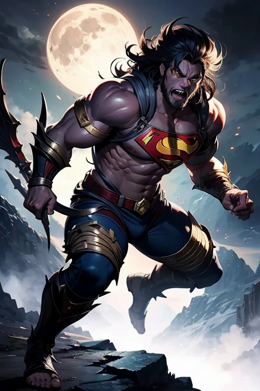 warrior man with big sword, muscular man of micro loincloth with bulge, sword in hand, (upward bulge in micro loincloth:1.2), city background, bright and gleaming sword, quality image, best quality, in attack position, realistic details, magic particles, whole body image, clothes with golden details, long hair tied, scar on face, image catching all body, boots with golden details, blood particles, golden armor, uncovered abdomen, micro leather thong, scar on chest, part of leather armor, manly man, man with big hair, big bulky muscles, whole body, medieval scenery, photo particles, rays of sunlight in the background, full body image, whole glass appearing in photo, medieval city background, Medieval setting, hair flying in the wind, (bulge upward erection:1.2)