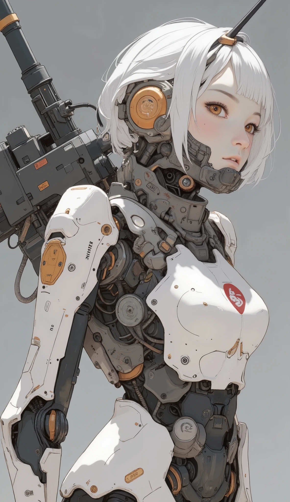 Enlarged view of a robot with a gun on its back, Female Mecha, The aesthetic of anime mecha, mechanized valkyrie girls, ferra White Mecha, Cool Mecha Style, White Mecha, fully automated!! girls, mechanized soldier girls, girls in mecha cyber armor, Mechanical Aesthetics, Modern mecha anime, cyberpunk anime girls mech