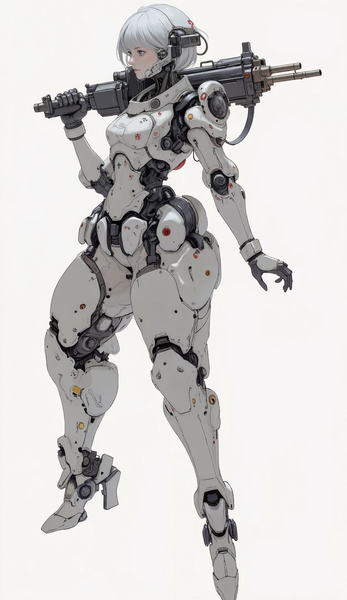 Enlarged view of a robot with a gun on its back, Female Mecha, The aesthetic of anime mecha, mechanized valkyrie girls, ferra White Mecha, Cool Mecha Style, White Mecha, fully automated!! girls, mechanized soldier girls, girls in mecha cyber armor, Mechanical Aesthetics, Modern mecha anime, cyberpunk anime girls mech