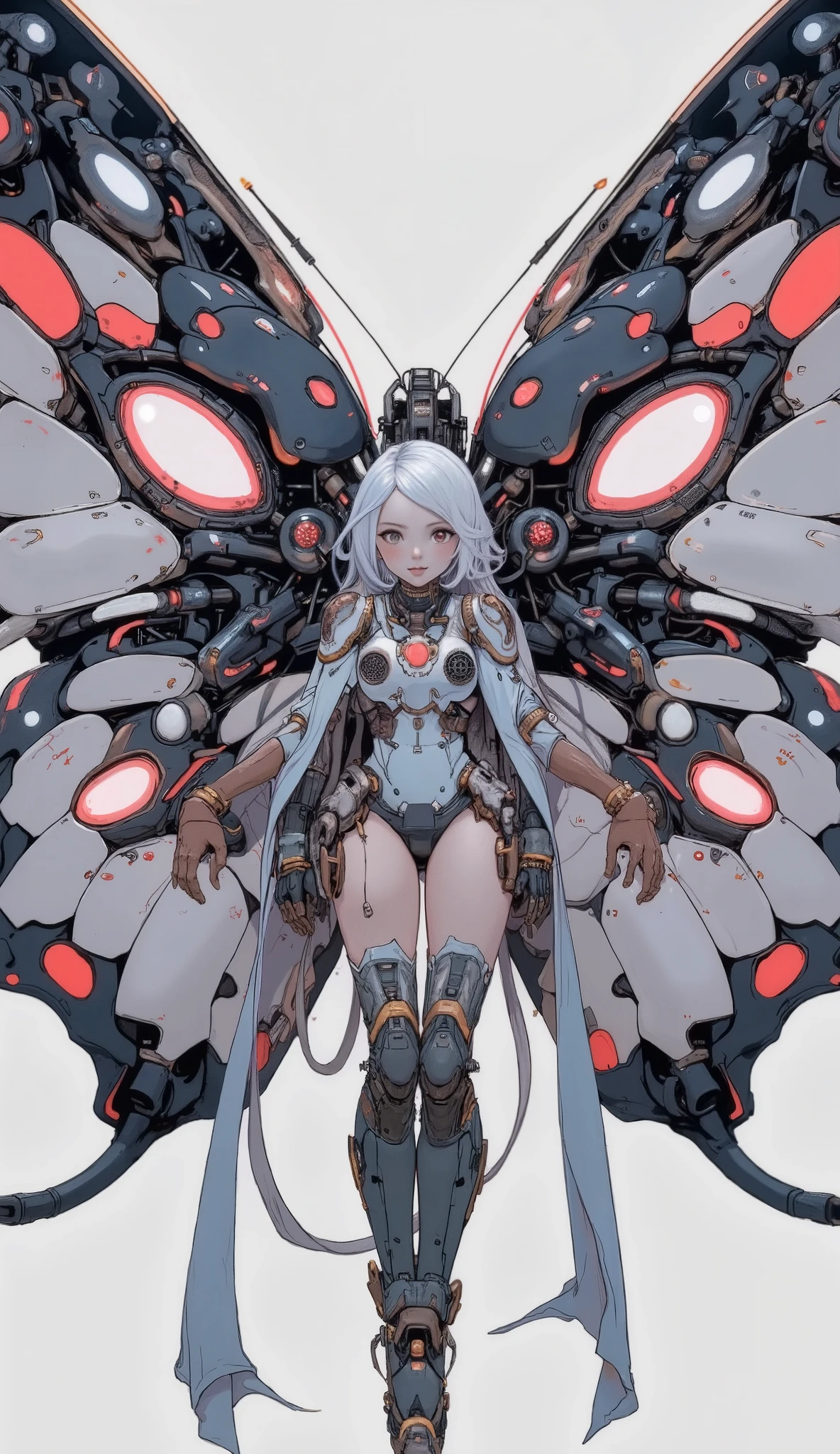 Butterfly Motif, with impressive designs Humanoid mecha character. キャラクターteeth、黒と鮮やかなオレンジの色合いの強い幾何学模様の蝶のような翼but特徴です, Reminiscent of stained glass. 彼女のアーマーteeth主に白で、ダークグレーのアクセントとほのかなアクセントbut付いています赤い, teeth、exudes a sleek and sophisticated look. Central Figure, At first glance, a woman stands at the center of, teeth、肌の色but薄く、赤い目but印象的です, Image of. 彼女の服装teeth体にぴったり合っています, The. キャラクターteeth自信を持って長い剣を構えています, teeth、enhances her dynamic and powerful stance. 機械的な付属物と彼女の体の光る要素teethハイテク能力を示唆しています. 全体的な構成teeth自然のテーマをブレンドしています, with white hair curled over, and advanced technology  , but. 照明but明るい, highlights the intricate detail and texture of the mecha suit, ですbut、中心キャラクターを強調するために背景teethニュートラルなままです.