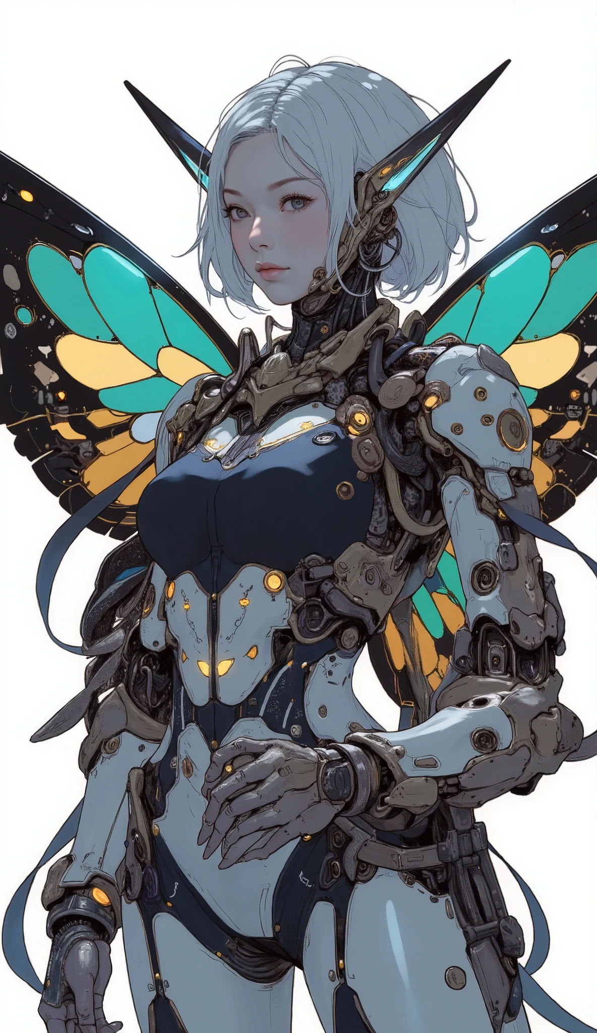 Butterfly Motif, with impressive designs Humanoid mecha character. キャラクターteeth、黒と鮮やかなオレンジの色合いの強い幾何学模様の蝶のような翼but特徴です, Reminiscent of stained glass. 彼女のアーマーteeth主に白で、ダークグレーのアクセントとほのかなアクセントbut付いています赤い, teeth、exudes a sleek and sophisticated look. Central Figure, At first glance, a woman stands at the center of, teeth、肌の色but薄く、赤い目but印象的です, Image of. 彼女の服装teeth体にぴったり合っています, The. キャラクターteeth自信を持って長い剣を構えています, teeth、enhances her dynamic and powerful stance. 機械的な付属物と彼女の体の光る要素teethハイテク能力を示唆しています. 全体的な構成teeth自然のテーマをブレンドしています, with white hair curled over, and advanced technology , but. 照明but明るい, highlights the intricate detail and texture of the mecha suit, ですbut、中心キャラクターを強調するために背景teethニュートラルなままです.