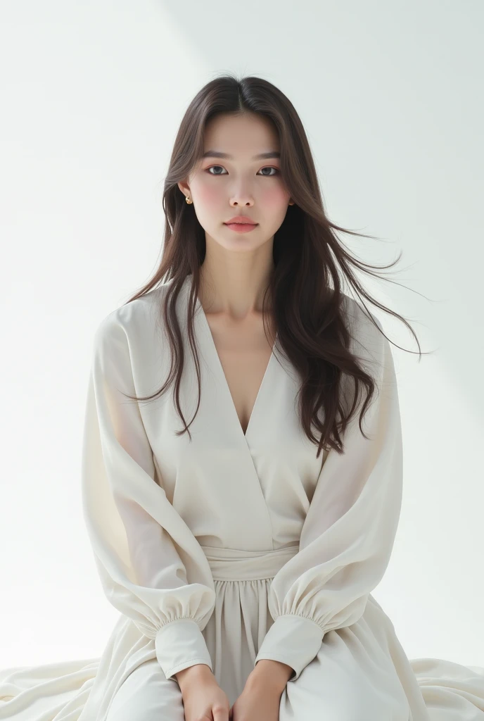 ((masterpiece,top-quality)), (photographrealistic:1.4),((masutepiece,8K)),hight resolution,Studio Soft Light, Rim Lights, vibrant detail, realistic skin textures,Japanese, 1 beautiful woman, bob Hair, faint thin bangs, make - up, 34 years old, Detailed skin, long-sleeve tunic blouse, wide-leg pants, Standing, White background, White Room,white walls, fully body photolooking at viewer