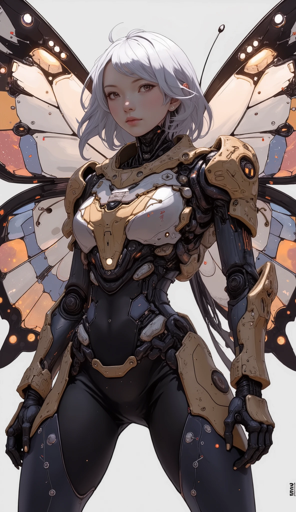 Butterfly Motif, with impressive designs Humanoid mecha character. キャラクターteeth、黒と鮮やかなオレンジの色合いの強い幾何学模様の蝶のような翼but特徴です, Reminiscent of stained glass. 彼女のアーマーteeth主に白で、ダークグレーのアクセントとほのかなアクセントbut付いています赤い, teeth、exudes a sleek and sophisticated look. Central Figure, At first glance, a woman stands at the center of, teeth、肌の色but薄く、赤い目but印象的です, Image of. 彼女の服装teeth体にぴったり合っています, The. キャラクターteeth自信を持って長い剣を構えています, teeth、enhances her dynamic and powerful stance. 機械的な付属物と彼女の体の光る要素teethハイテク能力を示唆しています. 全体的な構成teeth自然のテーマをブレンドしています, with white hair curled over, and advanced technology , but. 照明but明るい, highlights the intricate detail and texture of the mecha suit, ですbut、中心キャラクターを強調するために背景teethニュートラルなままです.