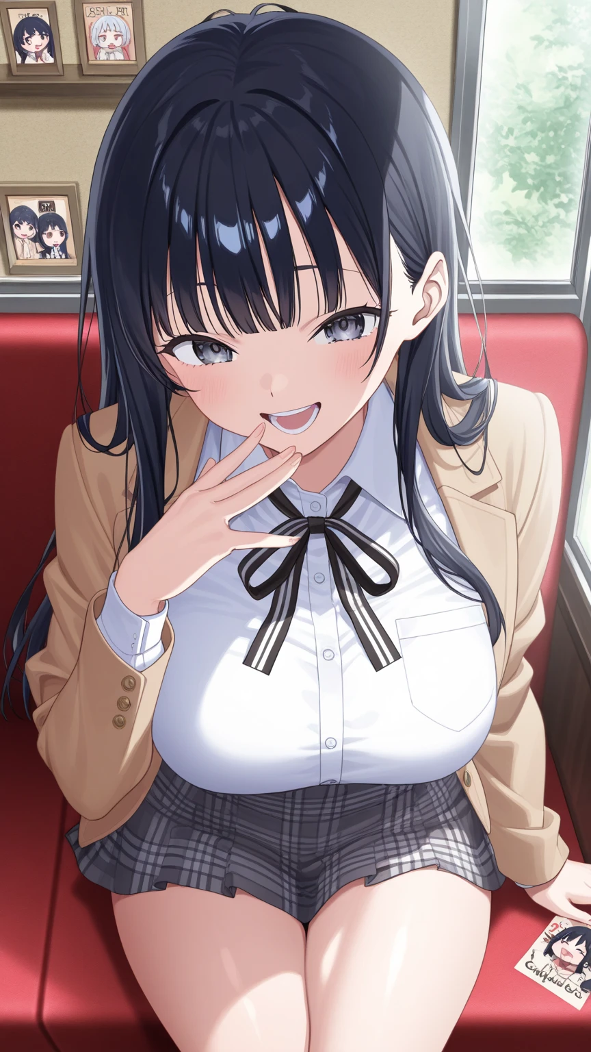 masterpiece, absurdres, ultra-detailed, Yamada Anna, long hair, long sleeves, open clothes, large breasts, school uniform, 1girl, black hair, blue pleated skirt, blazer, blush, white collared shirt, solo, (eating chocolate:1.5), blush, smile, surrounded by food, outdoors, (sitting in library), open mouth, (masterpiece), highres, best quality, 8k, very clear, 9:16,