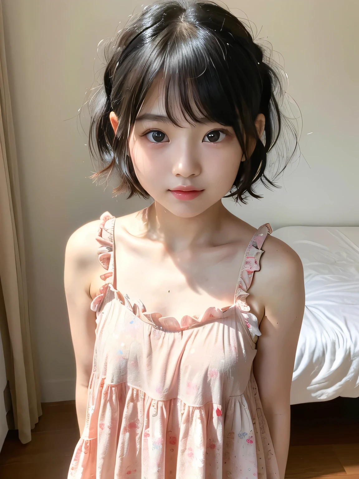 ((Highest quality)), ((Photo quality)), (detailed), Perfect Face,12 years old,Upper Body,Thin arms,White skin,