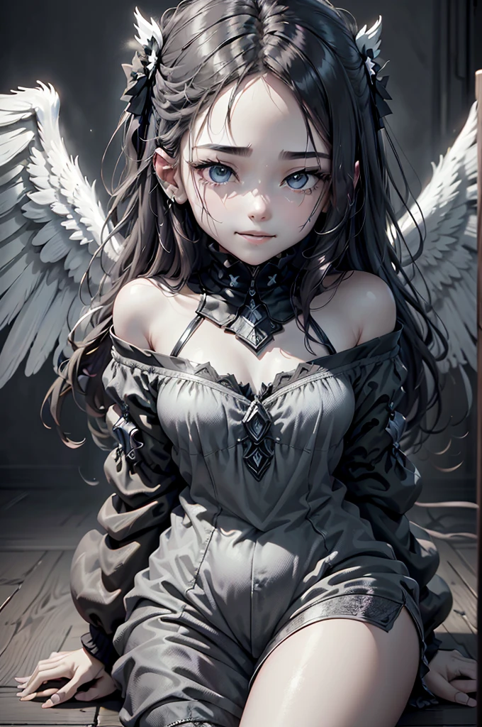 (A gothic angel:1.2),(black outfit:1.3),(hot dark-pink outfit),(lying down on a cloud in the sky),(ultra-detailed masterpiece-like portrayal),(very cute)