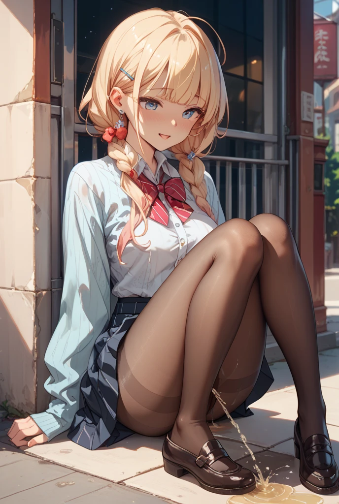((Lace panties)),((high school girl)),((school uniform)),((White blouse)),(((Pleated mini skirt))), ((A shy smile)),((Beautiful legs)),((Beautiful feet)),((squat)),Ultra-high resolution, Mature Woman, Mature Woman, Very detailed, ((Small breasts)), Perfect hands, Detailed fingers, Beautiful details, (((Black knee-high socks))),((Long blonde hair)),((ponytail)),Black choker, Earrings,loafers,(Black Pantyhose), (Black Stockings),Perfect Eyes, Seductive eyes, School stairs,