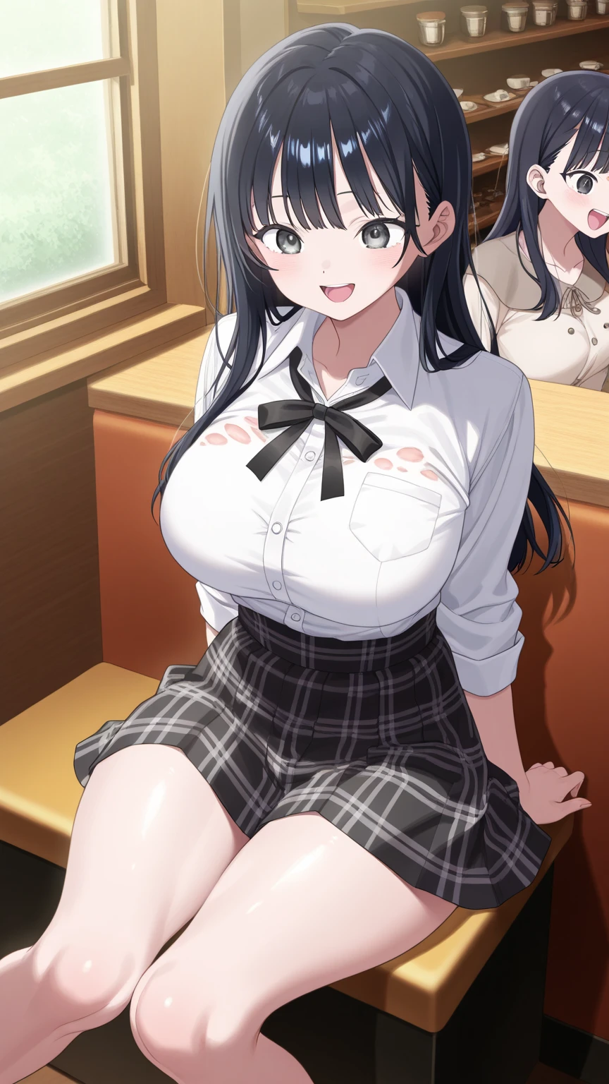 (highest quality), (masterpiece), 1080P, HD, 4K, 8K, Directly in front composition,girl sitting with legs closed, show your forehead, White sweat, sweatyの顔, sweaty, sweaty, White body fluids, high school student, whole body, black hair, braided hair, lightblue panties, Panties that are a little visible, (sheer bra), Big breasts,, Absolute area, black socks, knee high, crowded train,sporty pantie