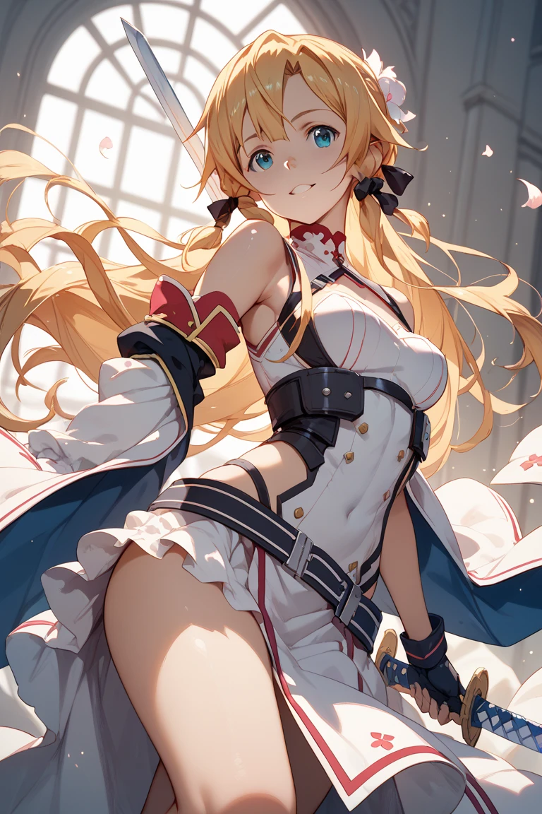 highest quality、one girl,full body figure,big boobs,big boobs,Perfect five-finger、two perfect legs、two perfect legs、Pecorine、、Pecorine、long hair、shy face、perfect thing、big breasts、detailed description、small details、detailed face、white skin、Voluptuous legs、Skirt flip、lift skirt、White panties、whitepanty、erotic pose、turn around、look back、Pose that emphasizes the buttocks、arm belt, armor, ascot, blue socks, boots, dress, gloves, hair ornament, open clothes, open dress, pauldrons, pleated skirt, puffy short sleeves, puffy sleeves, red ascot, red skirt, short sleeves, shoulder armor, single pauldron, skirt, socks, white dress, white footwear, white gloves,