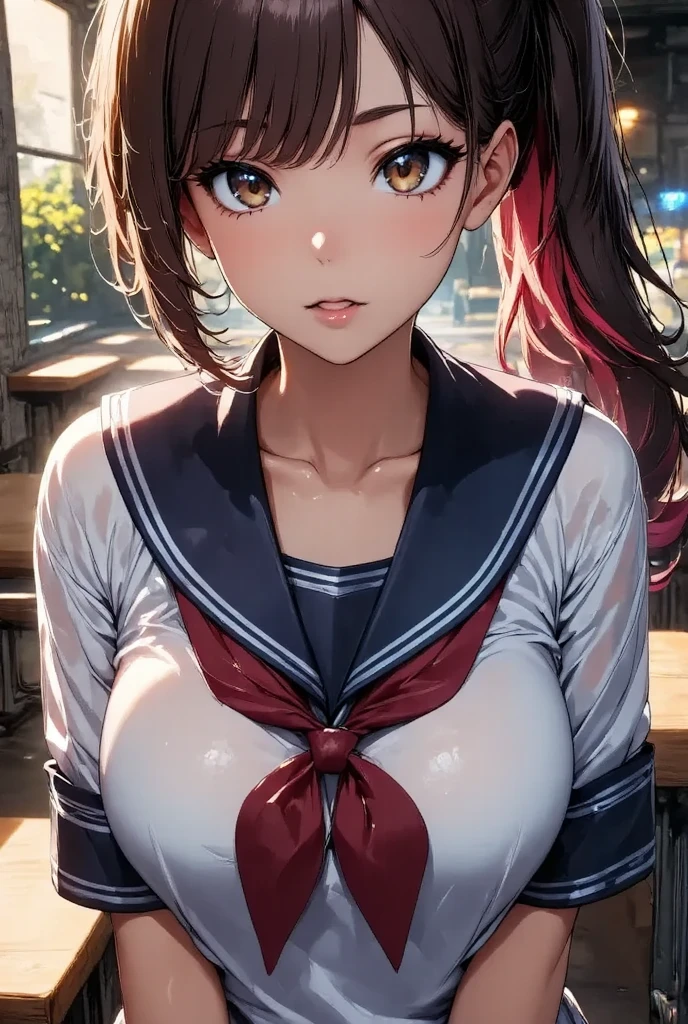 (((Adult female:1.3))),(((Change clothes in the changing room:1.3))),(((clothes on hangers:1.3))),(((Sailor suit))),(((Pleated skirt revealing skin))),(Dark red bow tie:1.3),Cute face,Extreme close up of face,Shiny light brown and orange striped short hair,Messy ponytail,Cute Smile,Perfect round face,iris,(hairpin、ponytail、Floating Hair、),Large Breasts.Professional Lighting,Cinematic Light,(Tabletop,highest quality,Ultra-high resolution output images,) ,(8K quality,),(Ocean Art 2.0 Mode:1.3),(Picture Mode Ultra HD,)