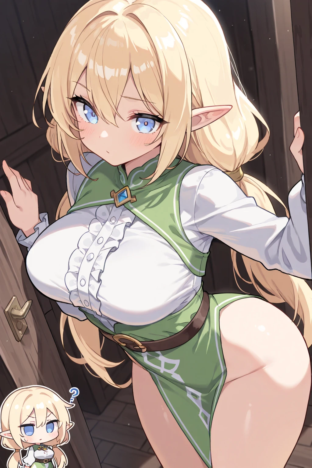 (elf:1.1) girl, cute face, seductive smile, (summer dress), big nipples, (veins on the breast), (visible nipples:1.1), golden hour, detailed textures, long braded hair, sitting on bed, posing, casual pose, wooden cottage, interior, [blush], aesthetic, intricate, caustics, light rays, sunlight  <lora:downblouseForBoobs_v1:1>