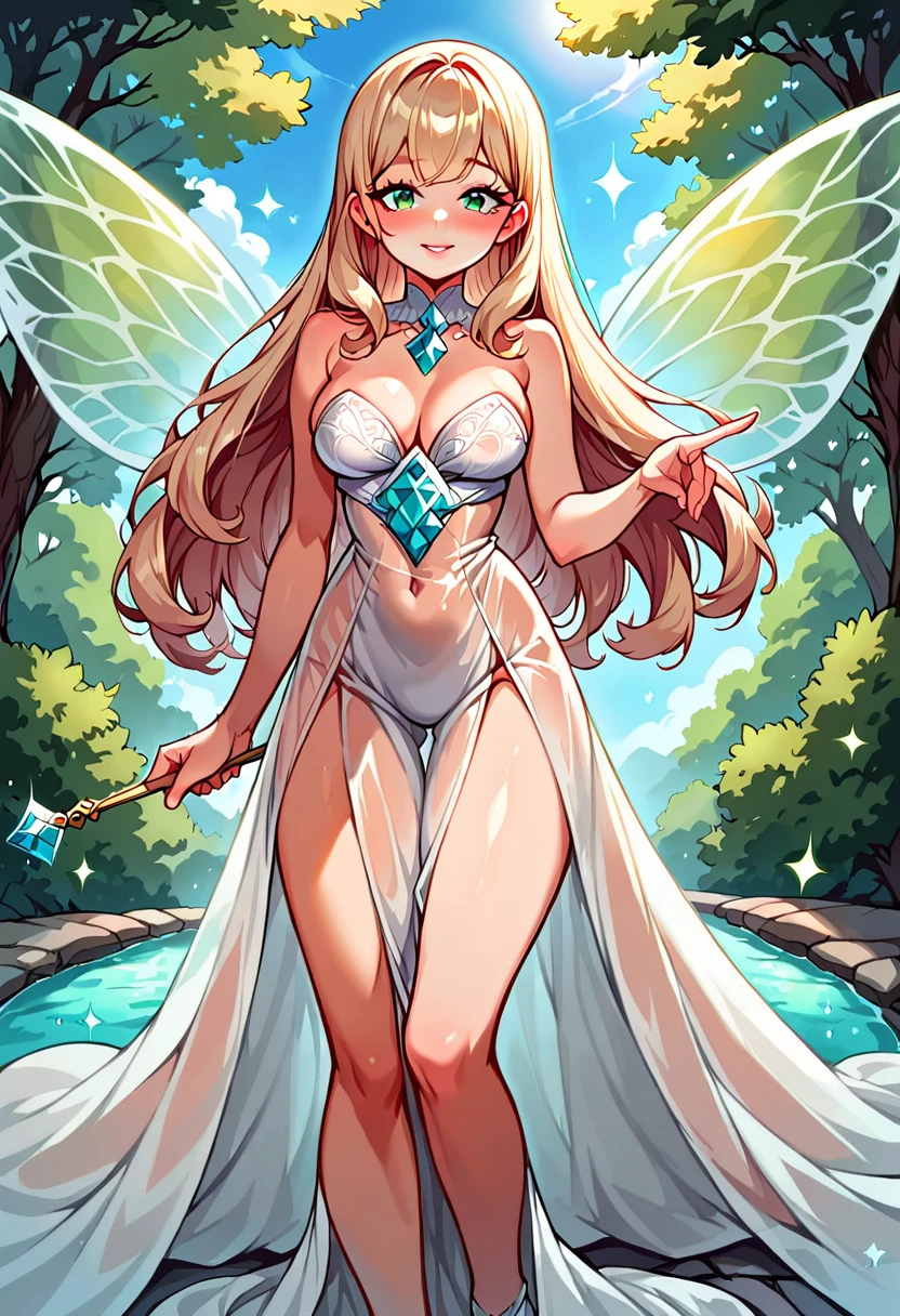 Best quality, ultra-high-detailed, in a seductive pose. Detailed happy face, detailed full body, big breast, curvy ass, oily skin, symmetric face, cute, with a belly pin, ponytail hairstyle, blonde elf girl with long wavy hair and blue eyes, pussy cameltoe in a blue long see through sheer dress with gold embroidery, top stripped at breast making her breast naked, standing in front of a waterfall in a dense forest, butterflies flying around her, enjoying the nature, solo, wind blowing lift ups her sheer and her pussy is visible 