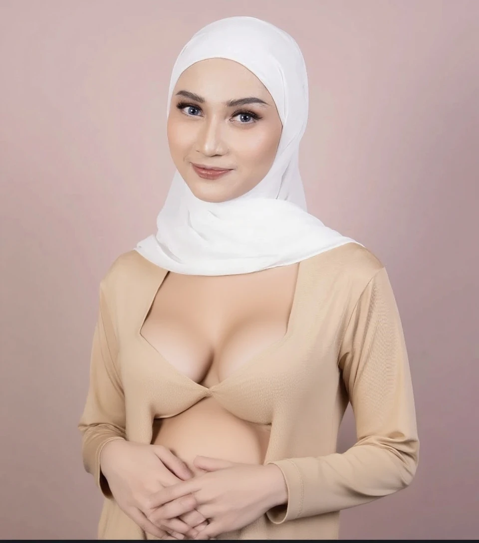 46 Years old, Indonesian mature woman, wearing Hijab, white skin like porcelain, Perfect body, Full body, natural Gigantic mature breast, Hard Nipple Erection, gorgeous eyes, Soft smile, wear a Baju kurung, Tight Baju Kurung, Heart necklace, Breast about to burs out
