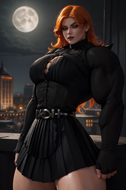 (((((Massive, tall, beautiful, buff, wet, pale white skinned muscular asian woman with red hair, black lipstick, ginormous bulky muscles, wearing a black leather corset with tight pants and hooded cape))))), (red background), close view, ((massive muscles)), massive biceps, hyper muscle shoulders, hyper muscle triceps, (long hair), glowing yellow eyes, choker, (chain belt), black spiked boots, (spiked gauntlets), (fingerless gloves), (in a raining dark island), confident smirk, night, red moon, (red skies), hyper vascular arm, hyper muscles arms, hyper muscle legs, (ginormous arms).