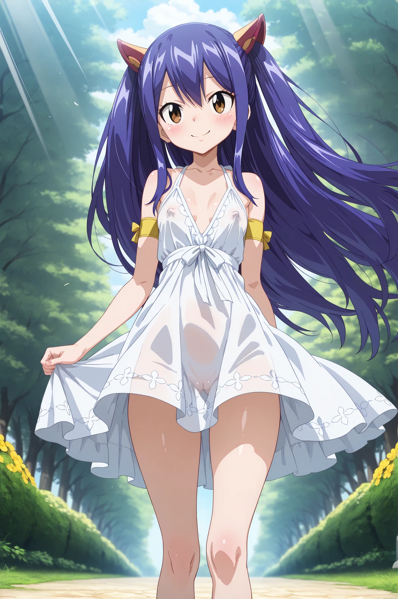 "(masterpiece:1.1), best quality, 
1girl, (80s anime style:1.3), (eyelashes:1.5), (loli:1.2), 
(intricate high detailed body:1.2), 
purple hair, (blunt bangs:1.1), (long hair, straight hair:1.1), (flower brooch, hair ornament:1.2), 
blue eyes, (thick eyebrows:1.1), 
(pale skin:1.3), (medium breasts:1.1), 
(grin:1.2), (open mouth, tongue out:1.2), 
(see-through lace bikini armor, corset:1.2), (garter belt:1.2), (topless, nipple, big areola:1.3), 
(knight armor, armored boots:1.2), (suspenders:1.1), (hoop earrings:1.1), gloves, 
standing, claw pose, 
(cowboy shot, looking at viewer, from front:1.1),
(daytime, grassland, outdoors:1.2)"