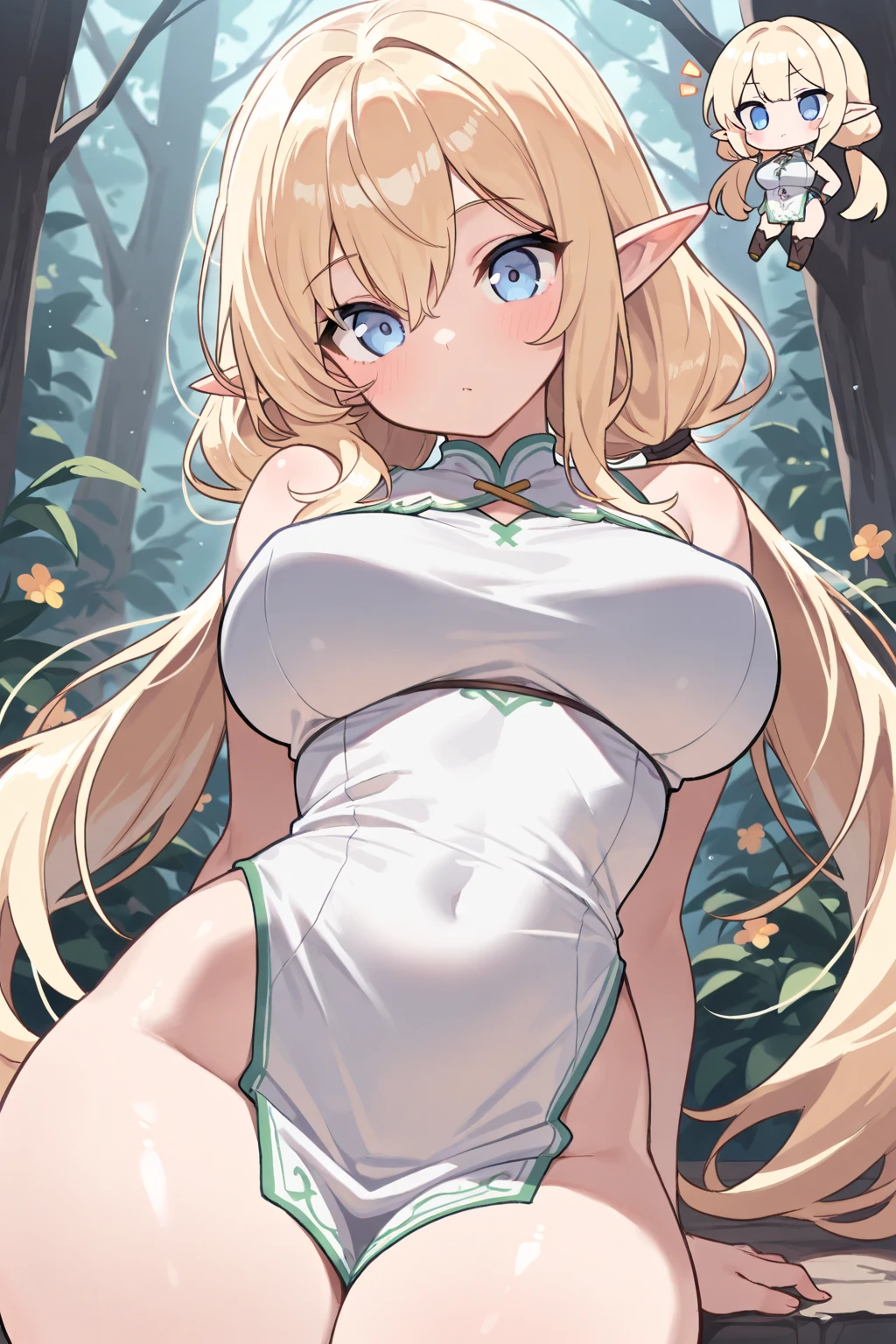 1girl, muelsyse \(arknights\), arknights
\\\\\ masterpiece, best quality, newest ///// nyantcha, khyle, cutesexyrobutts \\\\\ thin waist, solo, cropped legs,, dutch angle, naked apron,, transperent, see-through. sky, space, outside border, looking at viewer, greenery, orange eyes, green hair, stars, naughty face, white stockings, frilled apron, leaning on viewer, hanging breasts