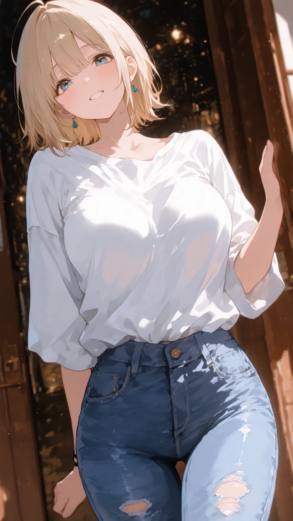 masterpiece, best quality, 8K, UHD, ultra detailed, ,sexy pose, full body ,beatiful eyes, beatiful hair, wearing black thight jeans , wearing a tight white box t-shirt, wearing high heels, sexy leg, sexy 