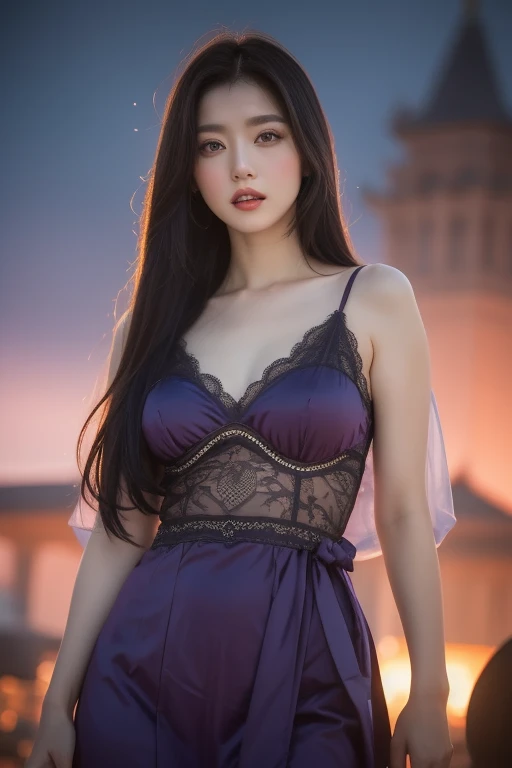 Bestquality，MASTERPIECE，Super High Resolution，（photorealistic：1.4），RAW Photos，1girl，offshoulder，In the dark，deep shadows，low profile，cold light，at a park，Purple silk nightdress，Lace