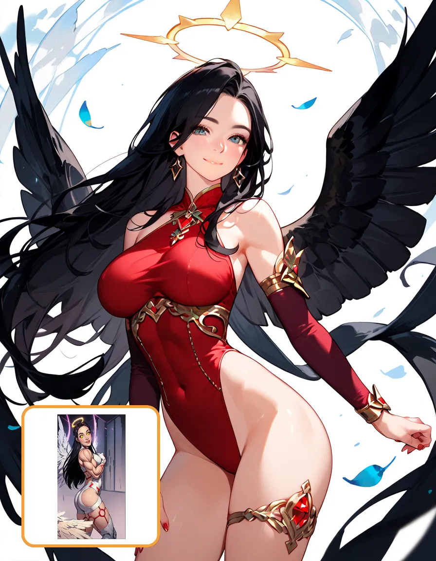 (best quality,8k:1.2,high resolution:1.2),ultra-detalhado,Realistic,vintage godess female,long black straight hair,rosto extremamente detalhado,long eyelashes,big white angel wings,soft dark red dress with gold details,cleavage,suntan pantyhose,metalic accessories,Physically-based rendering,sharp focus,white neutral background